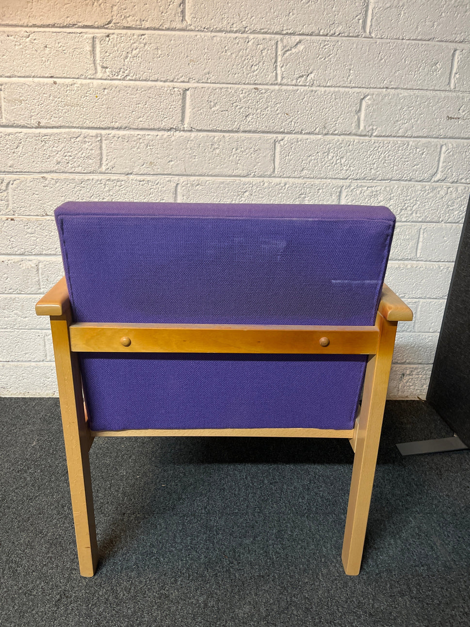 Purple fabric beech framed low reception armchair