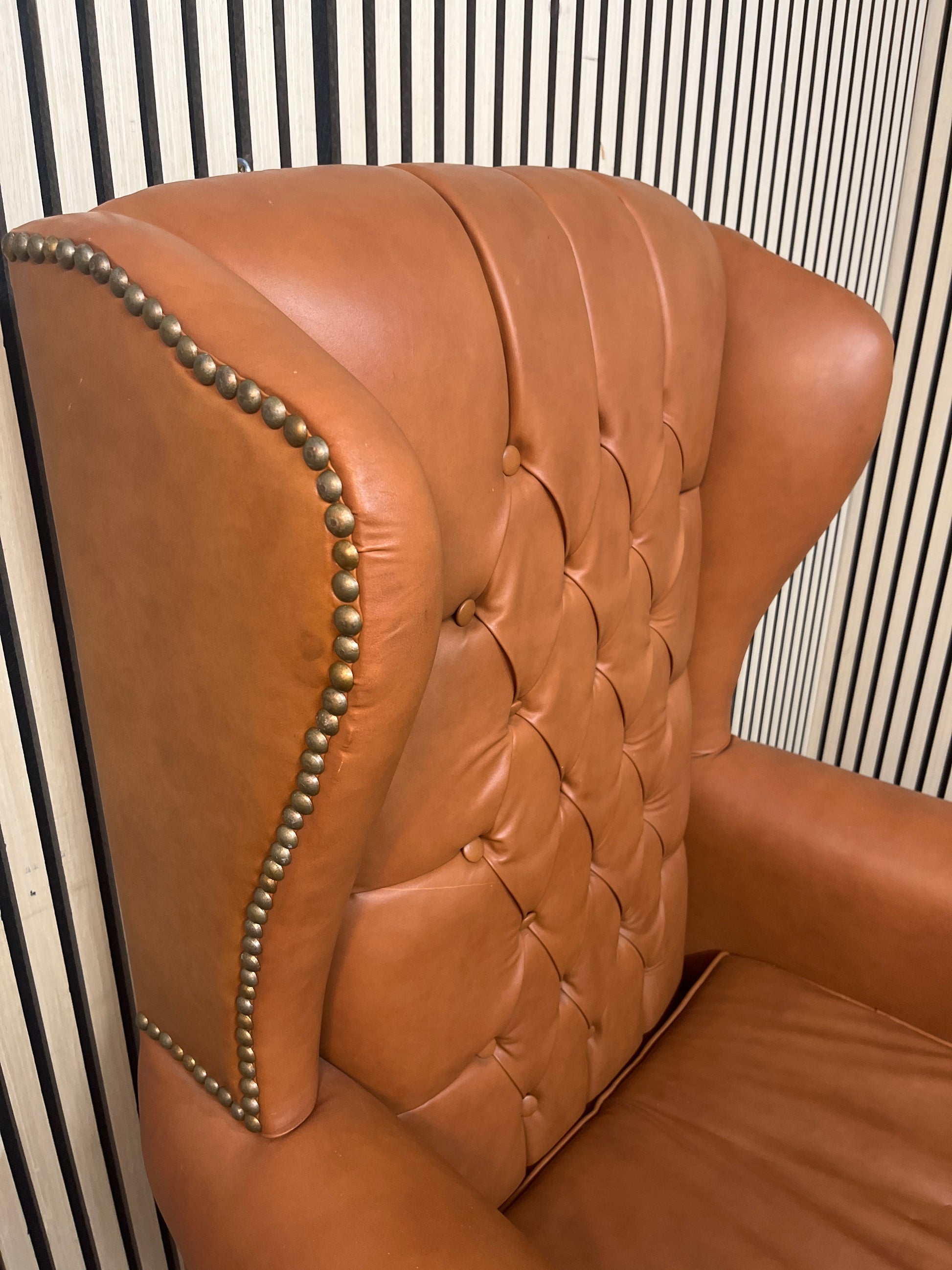 High back wing armchairs in tan leather with solid wood frame 43713
