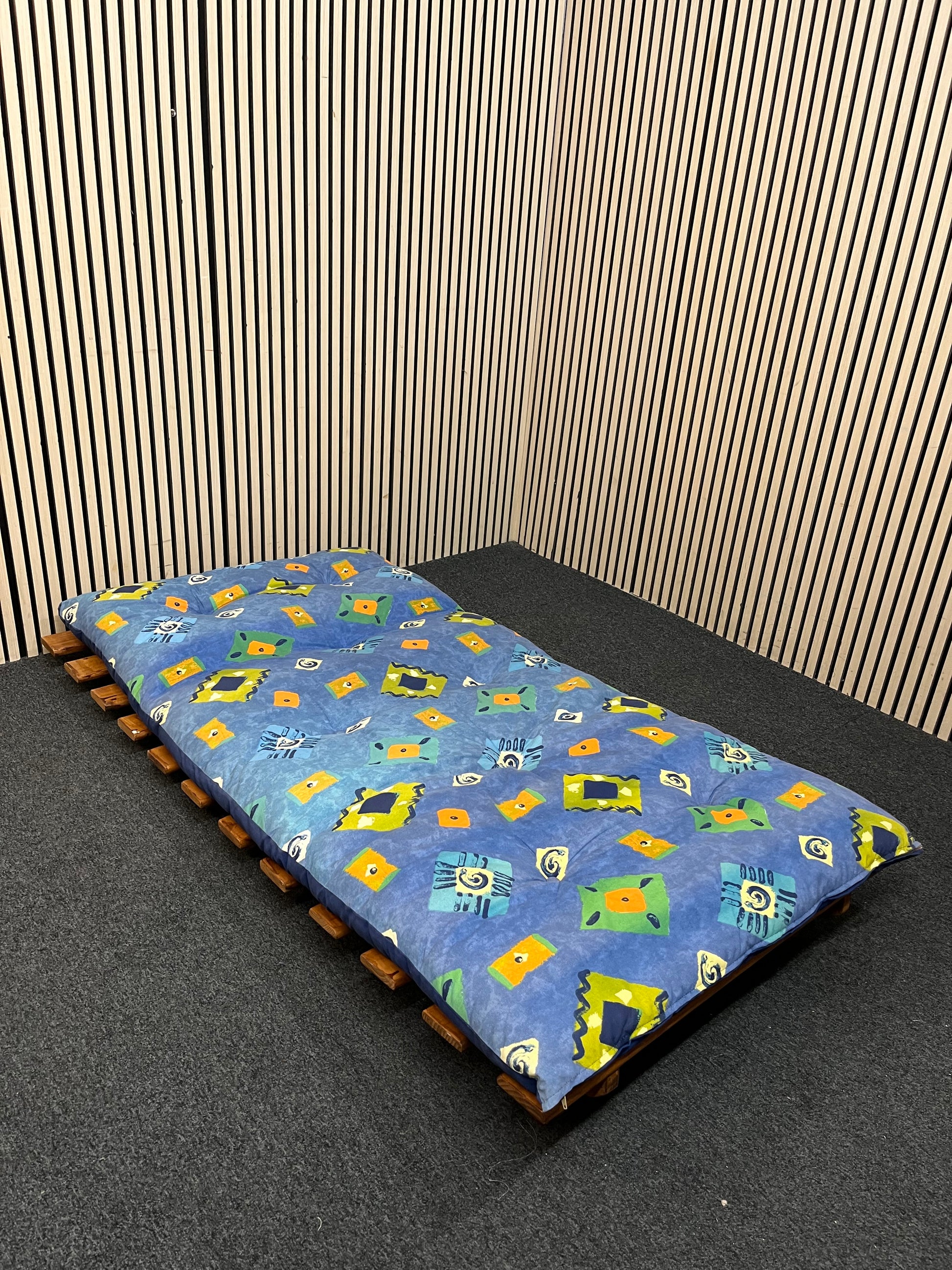 blue fabric futon with pine frame 43471