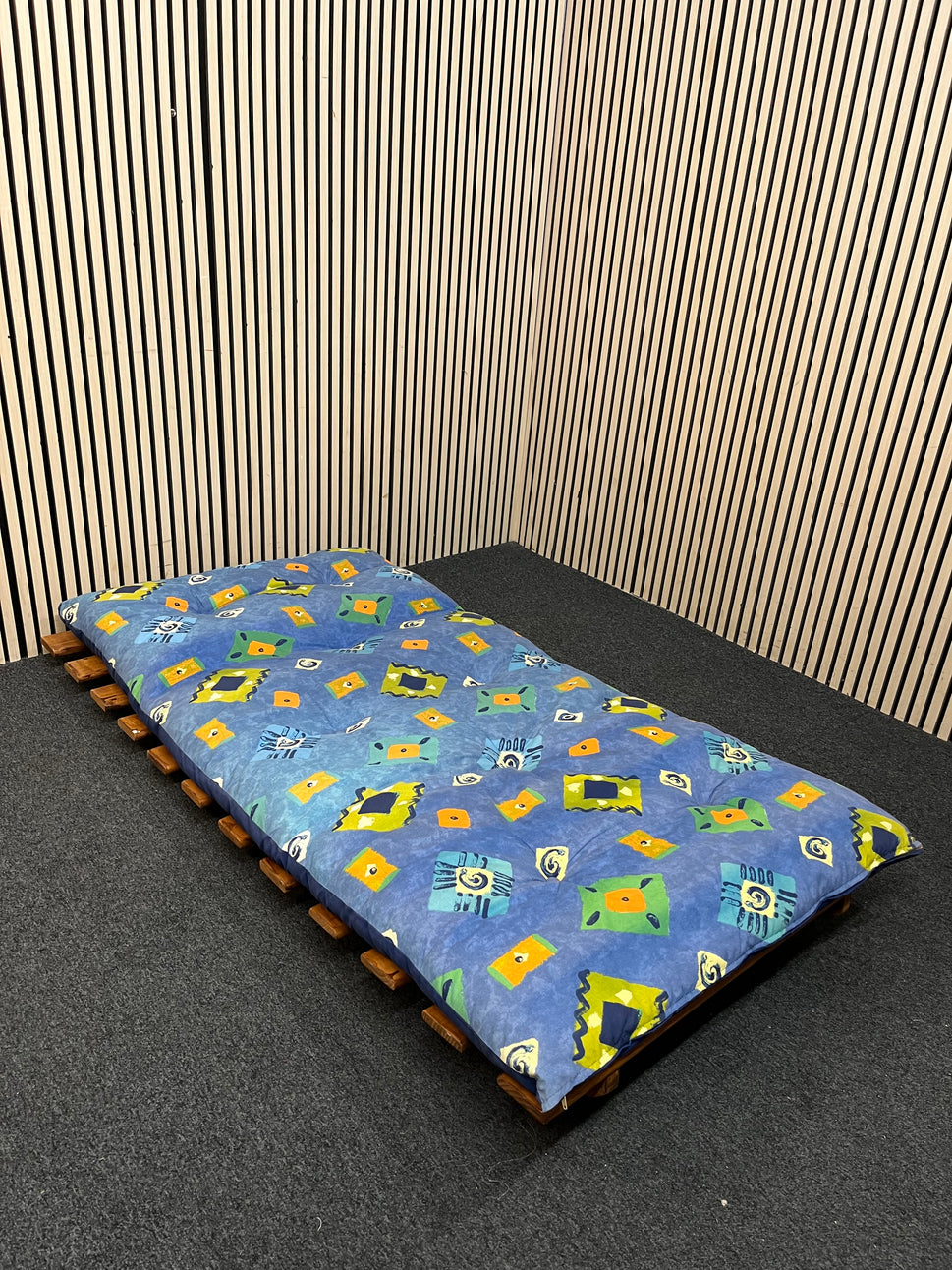 blue fabric futon with pine frame 43471