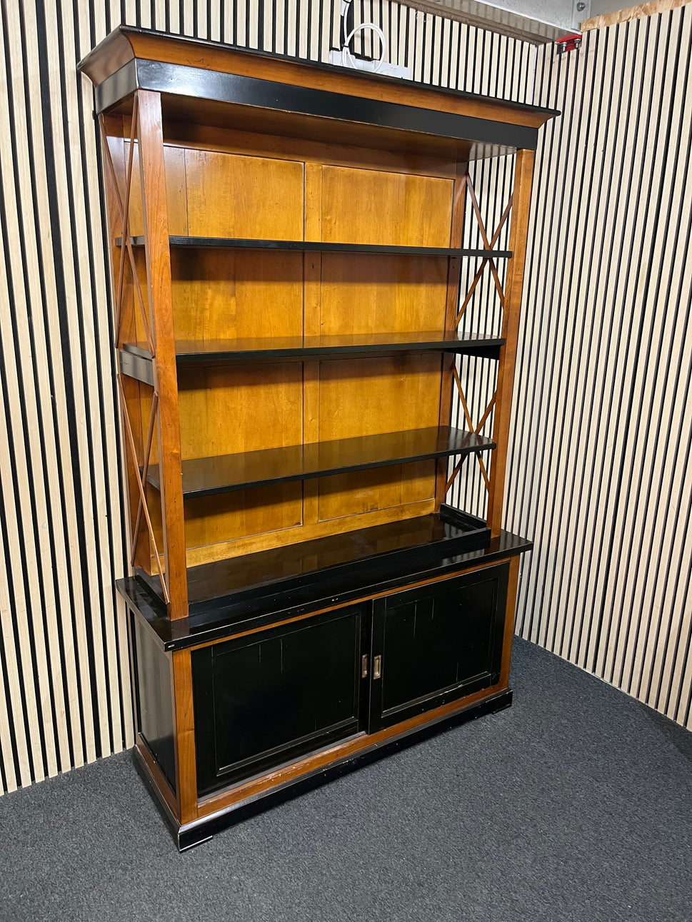 Large solid dark wood stained top open bookcase unit with sliding base doors (H 205 x W 131 x D 44 cm) 43688