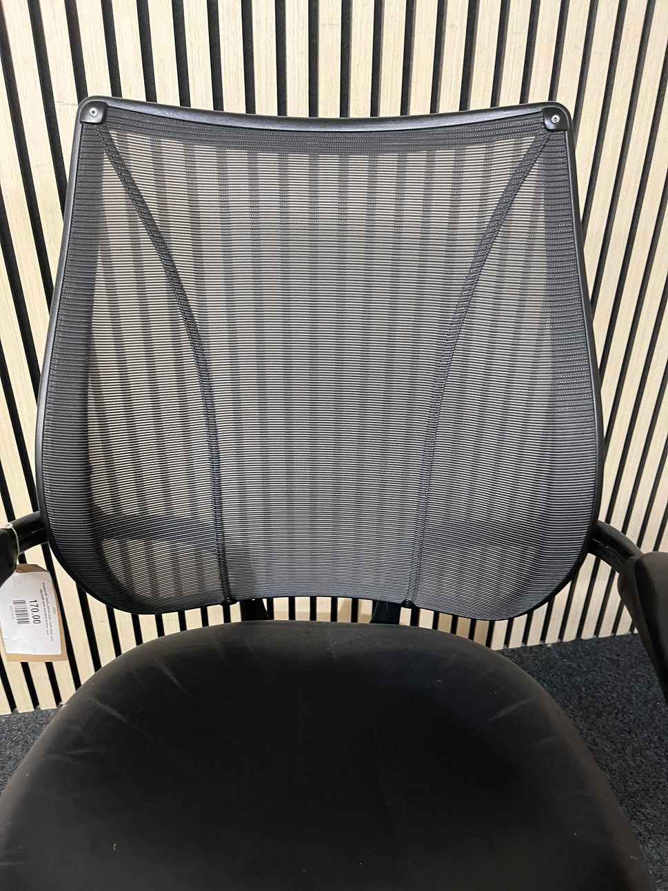 Humanscale Liberty swivel chair, mesh back with adjustable arms and black leather seat