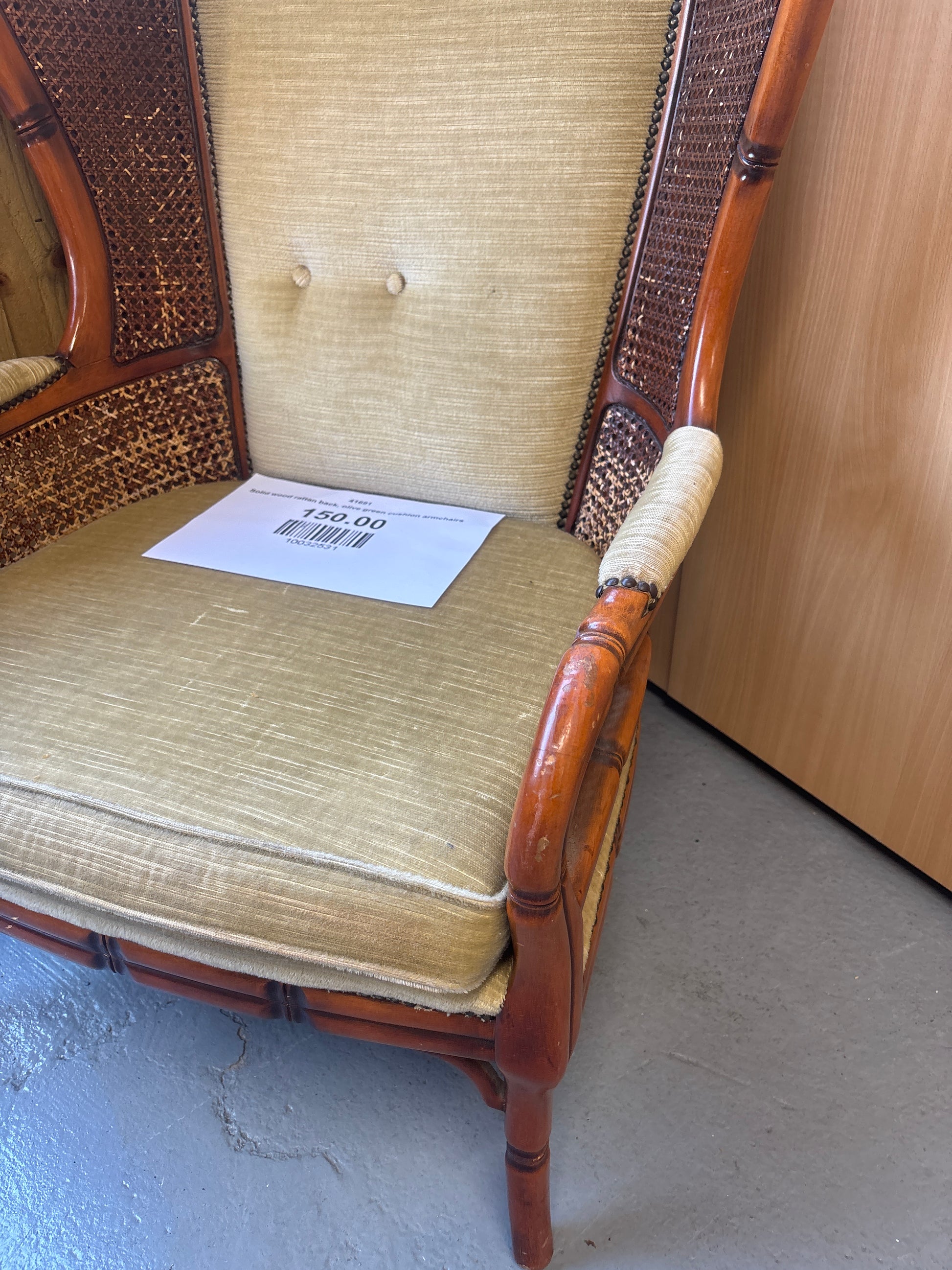 Solid wood rattan back, olive green cushion armchairs