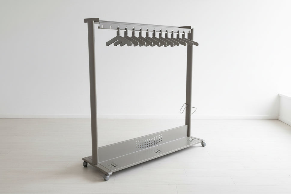 Large metal framed clothes rail on castors with base shelf