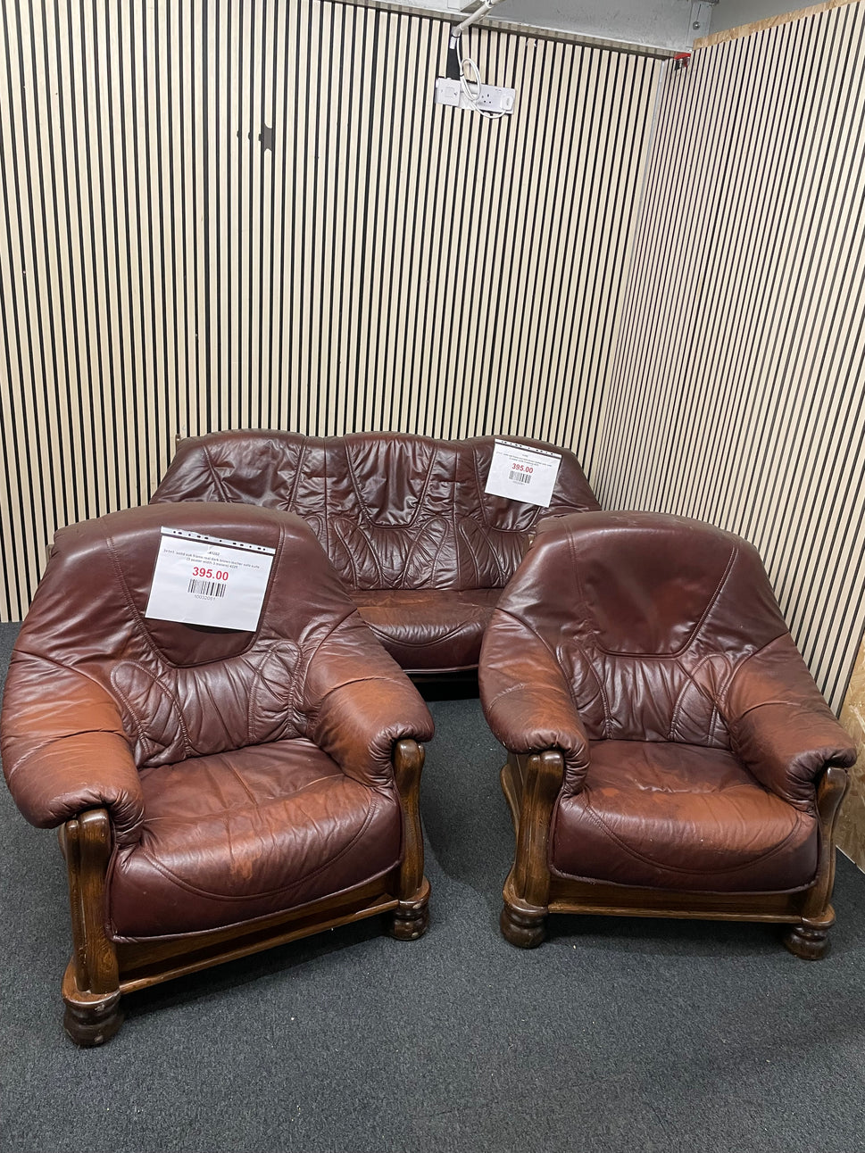 3+1+1 solid oak frame real dark brown leather sofa suite (3 seater width 3 meters) 4225