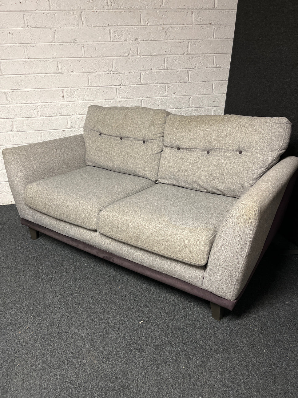 Oatmeal fabric and violet 2 seater sofa with matching cushions 1225