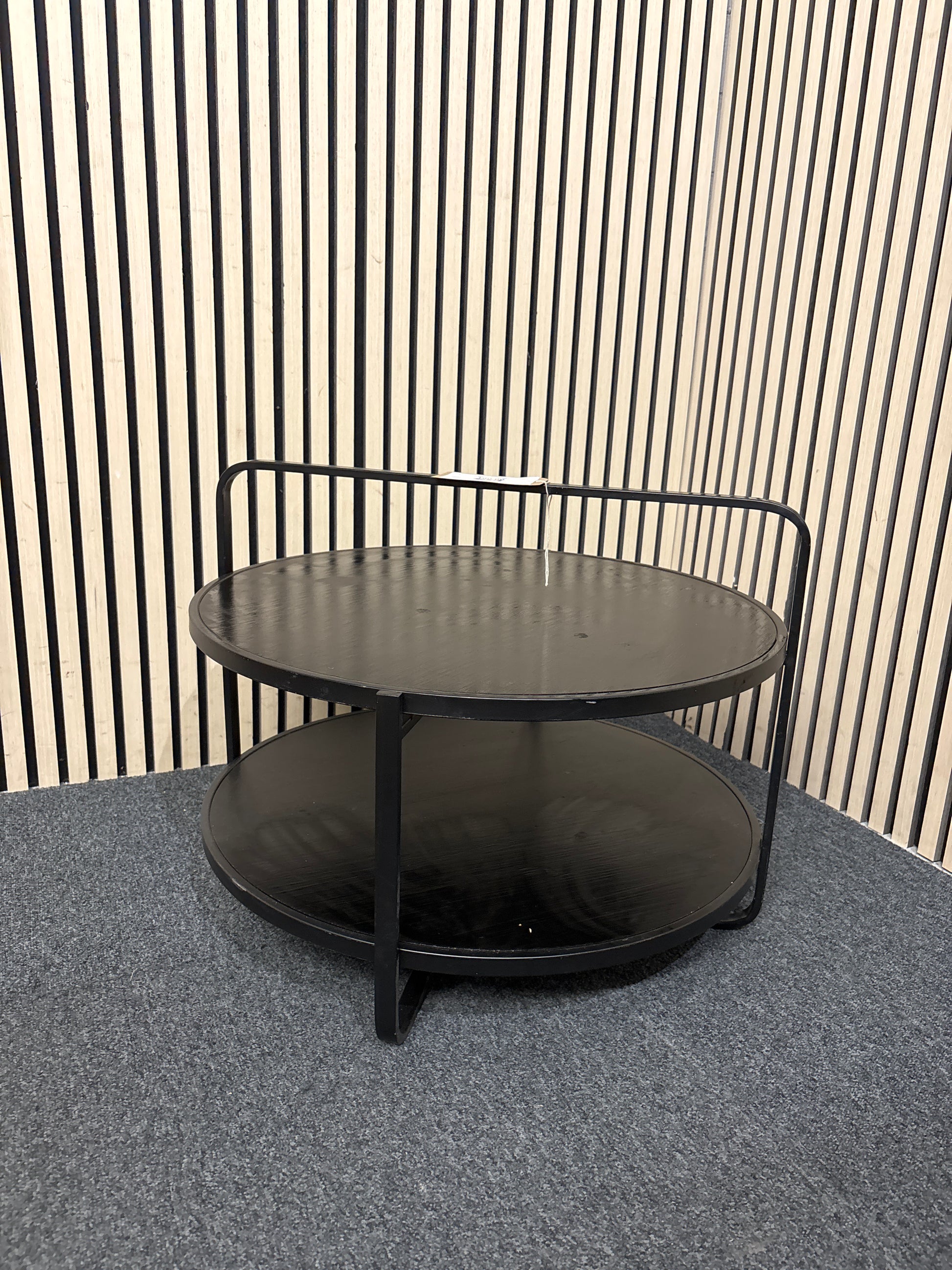 Ornate circular tiered lamp table black metal and black stained wood 650W 43532