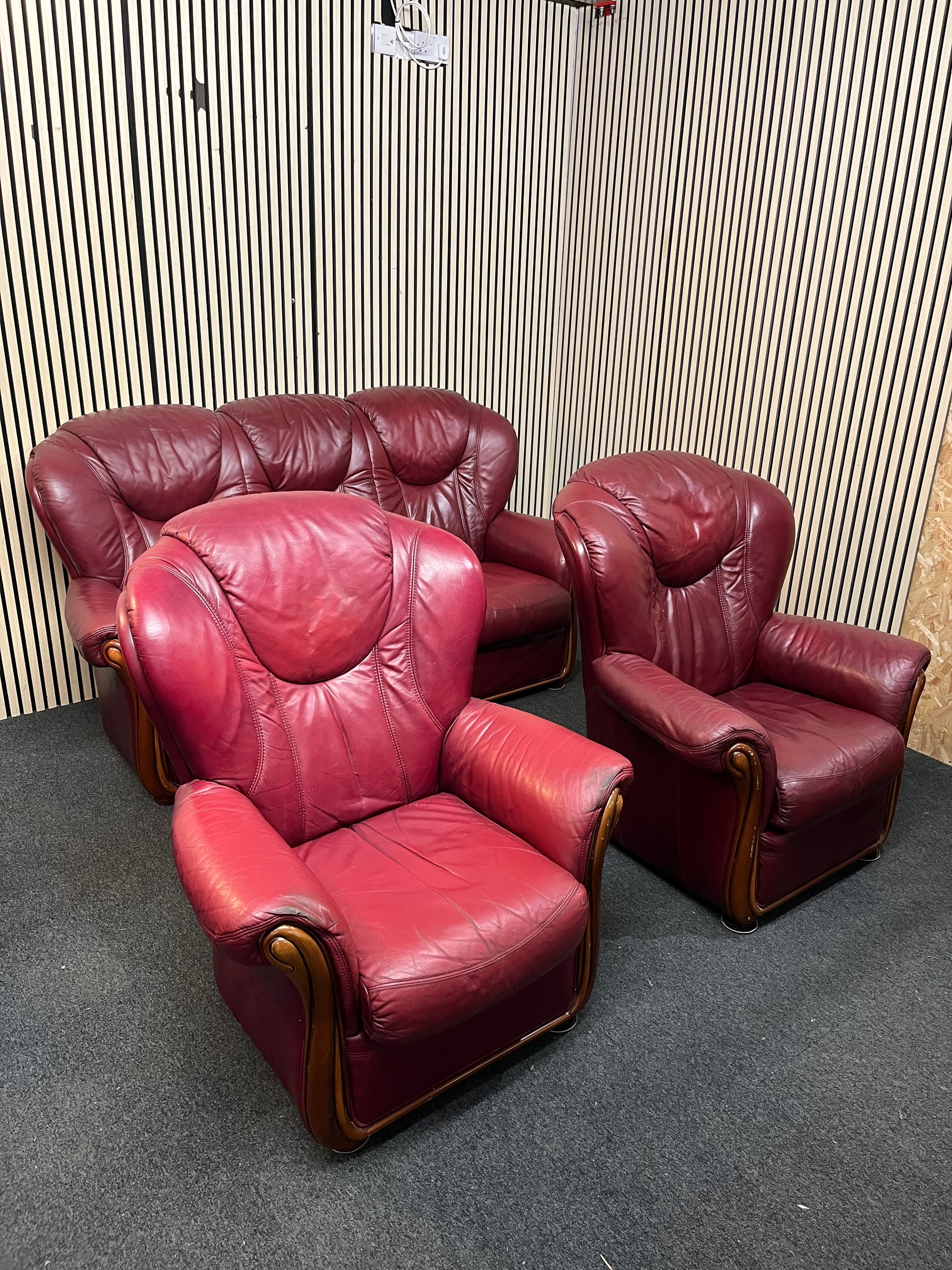 3+1+1 Wine leather Dutch Oak framed high back sofa suite 3126