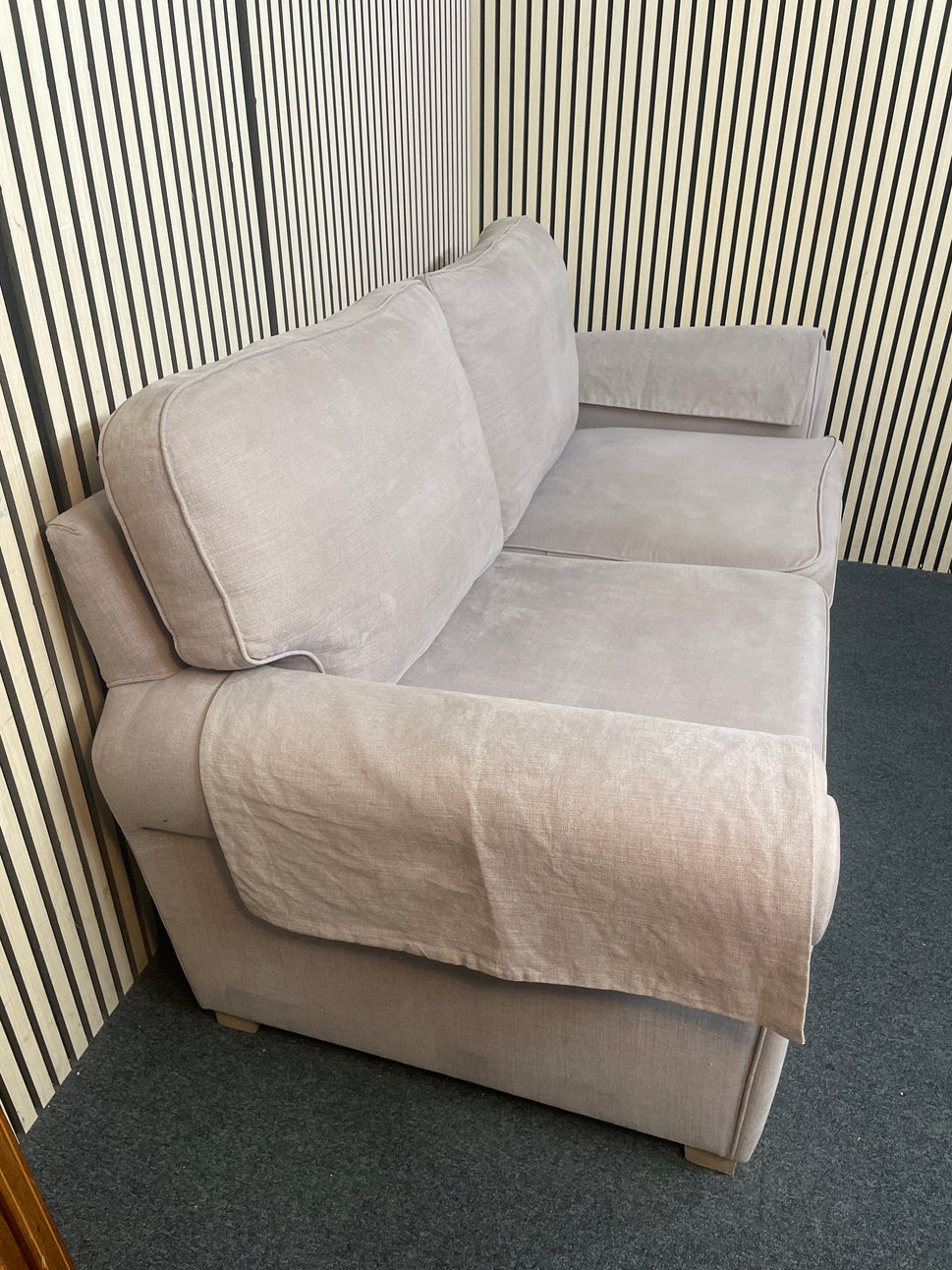 Large 2 seater light brown fabric high back sofa 2226