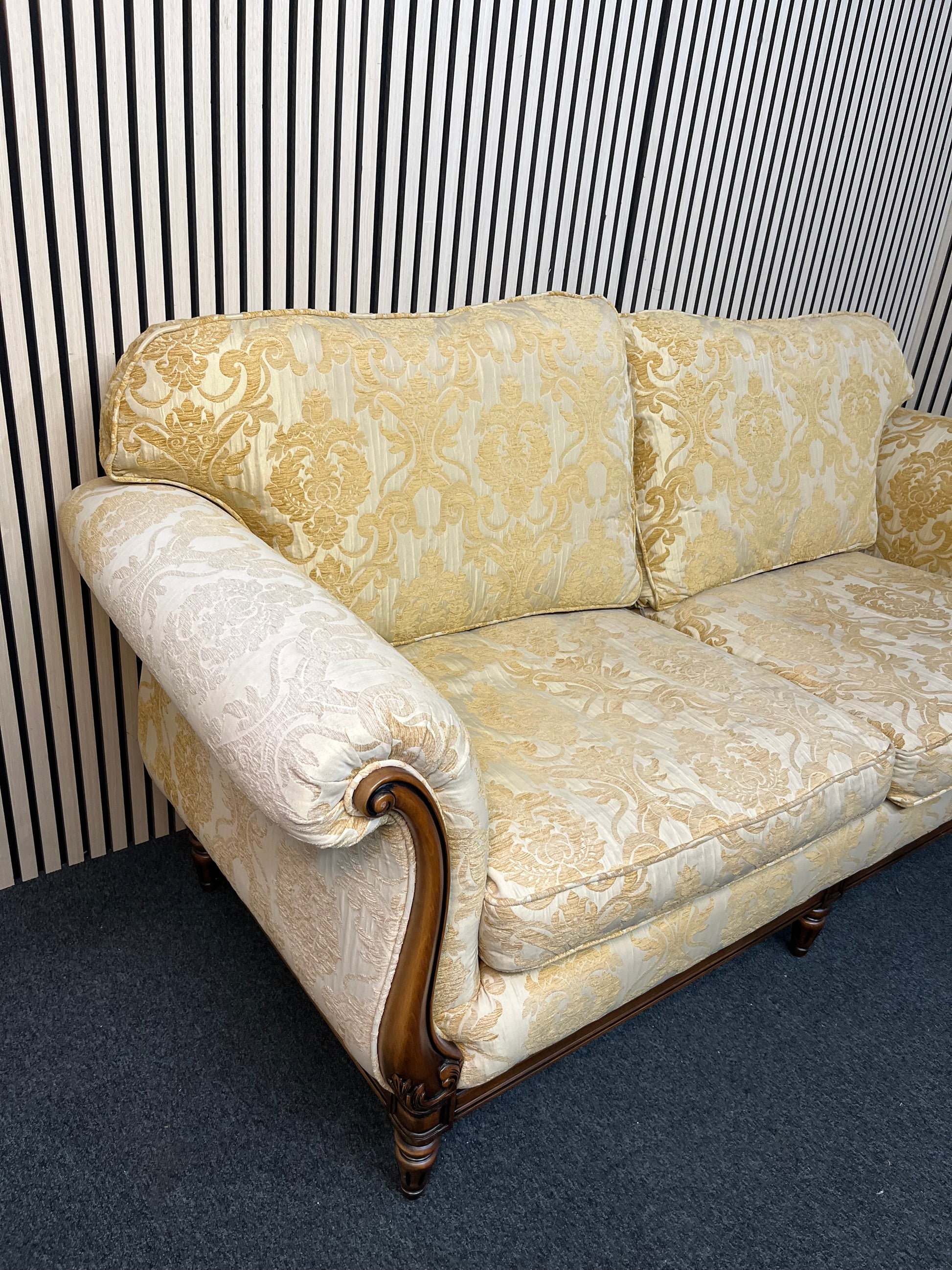 Ornate mahogany framed 2 seater sofa with embossed floral fabric (Width 2 meters) 2425