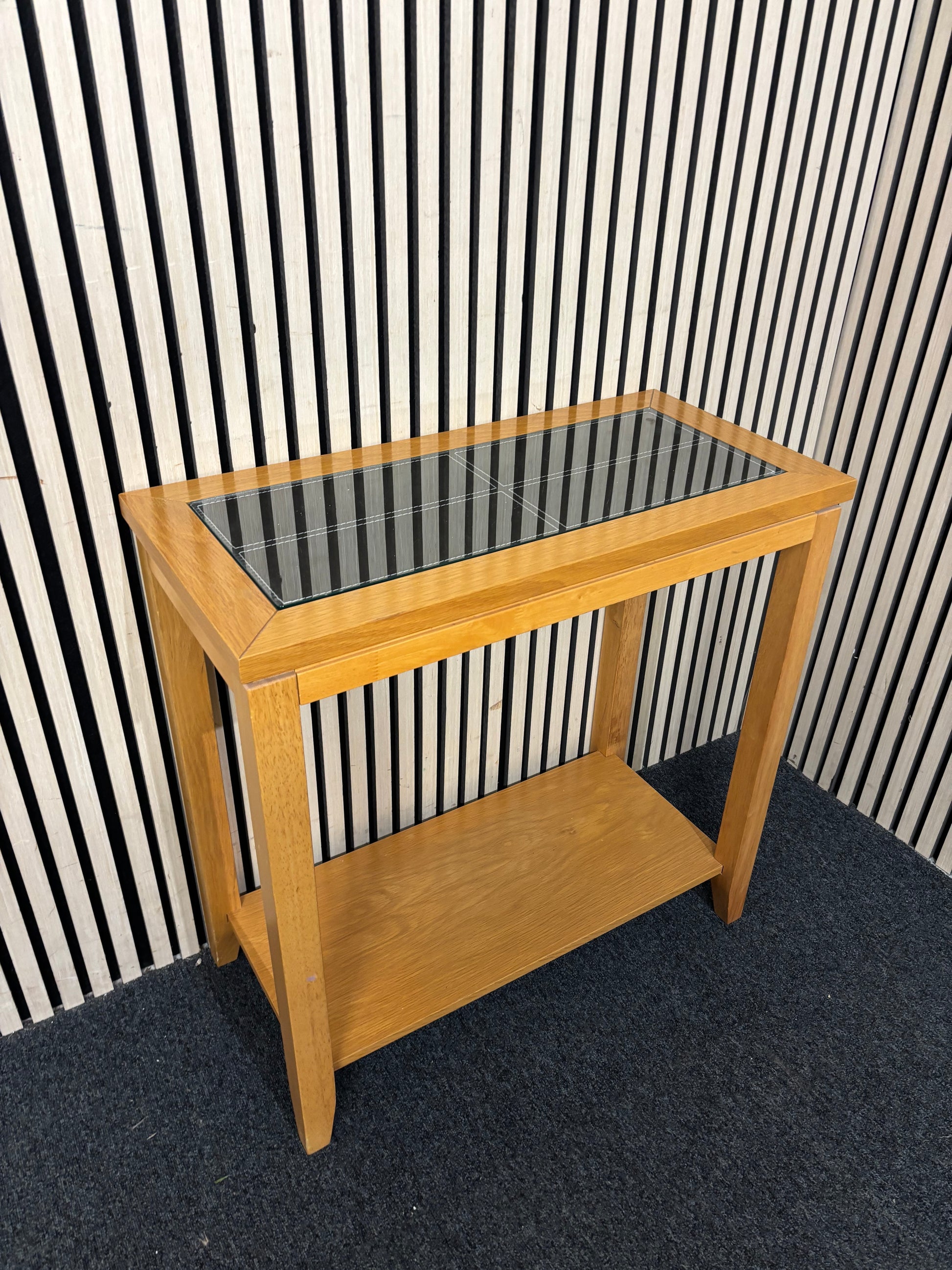 Oak and leather slim console table with glass top (H 75 x W 76 x D 36 cm) 43592