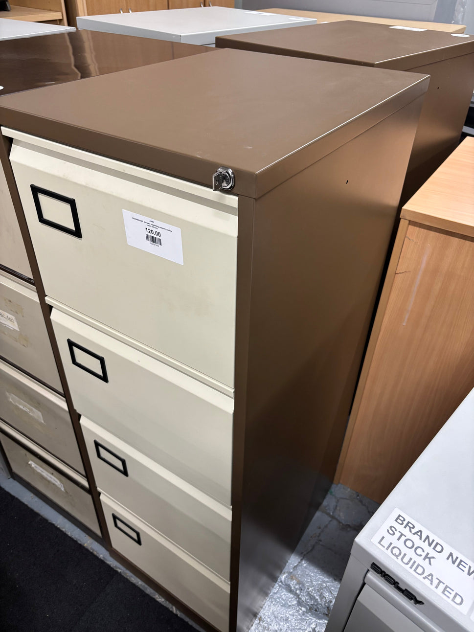 SECONDHAND 4 drawer metal filing cabinet in coffee cream with key