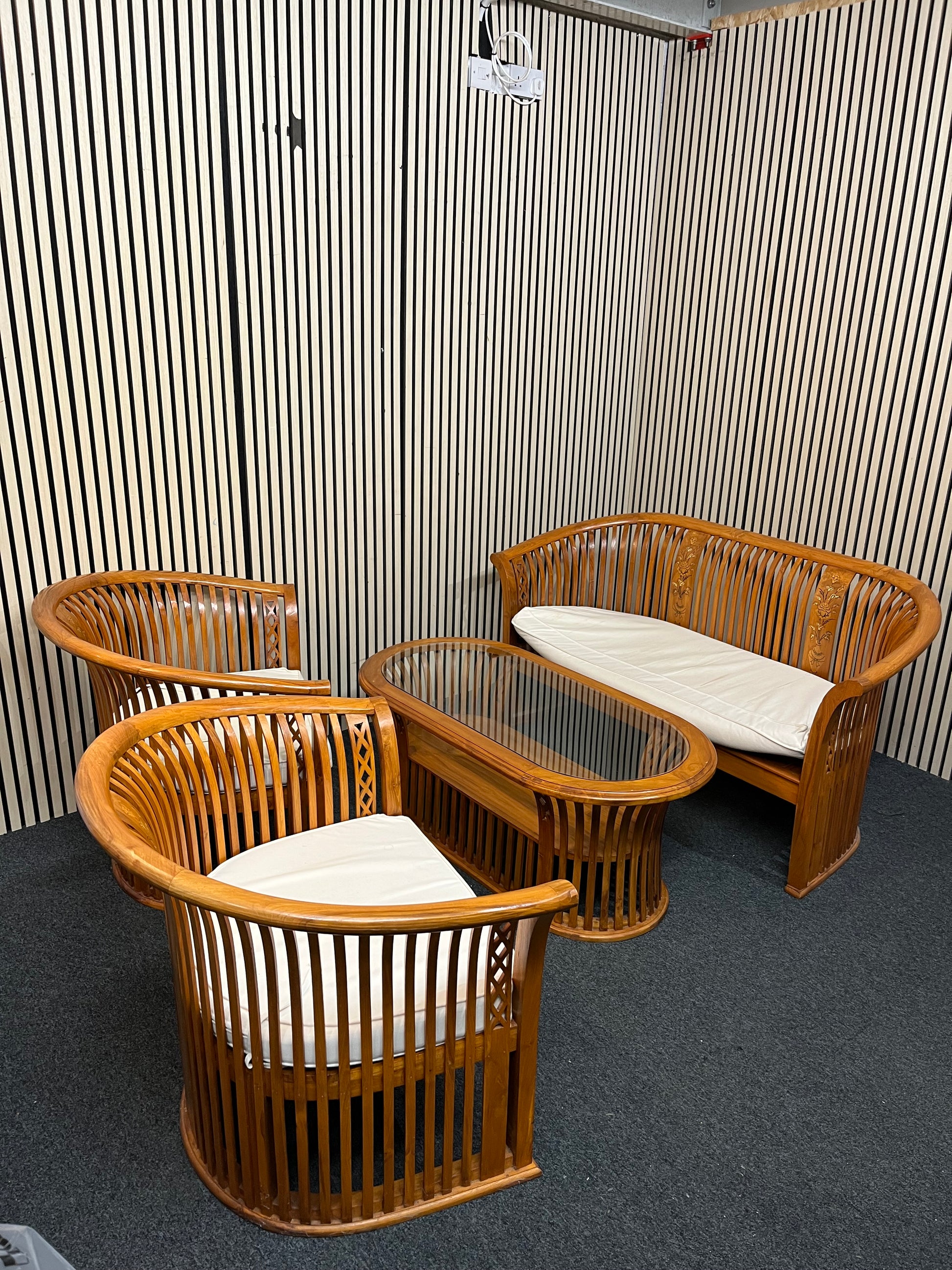 Indonesian solid teak conservatory set 2+2+1+coffee table with white fabric cushions 1126