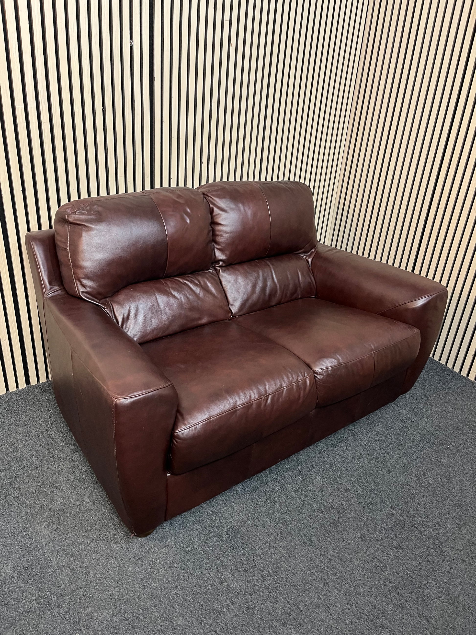 2 seater brown leather high back sofa 43359