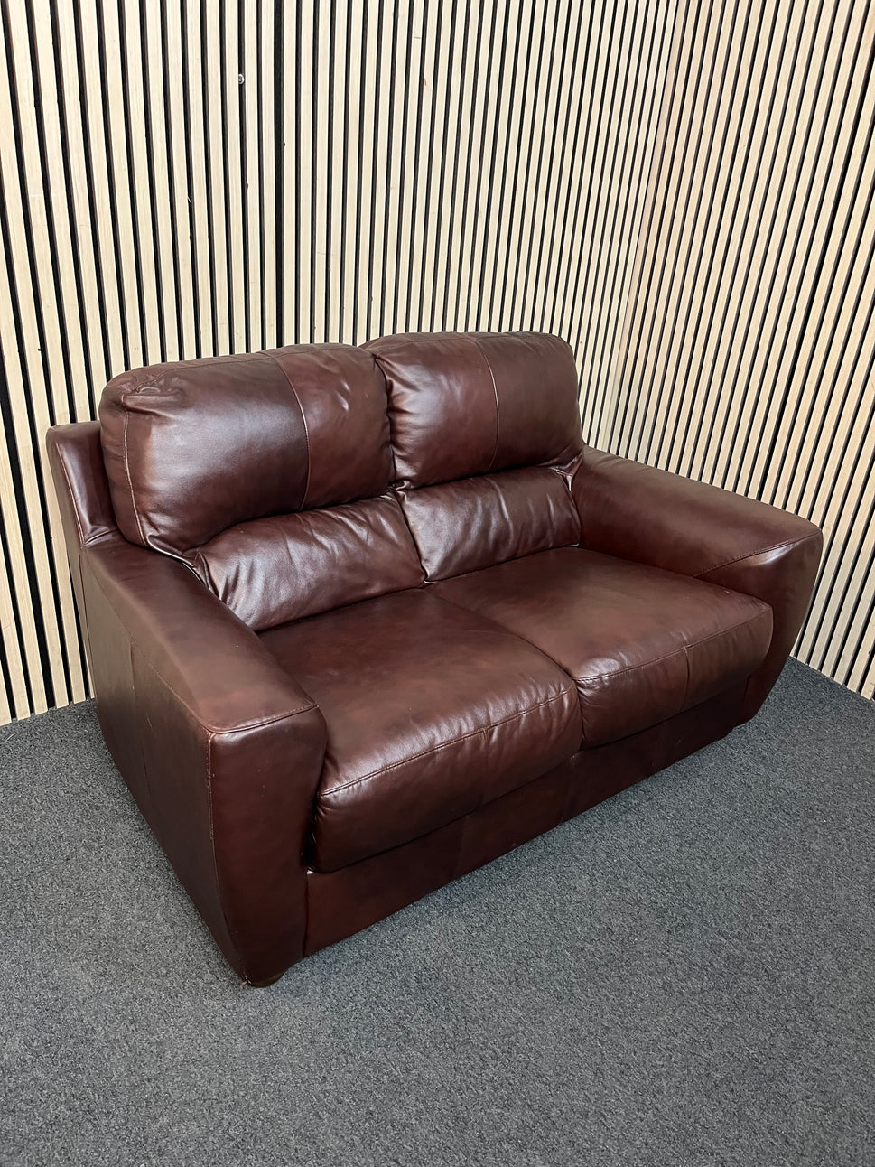 2 seater brown leather high back sofa 43359