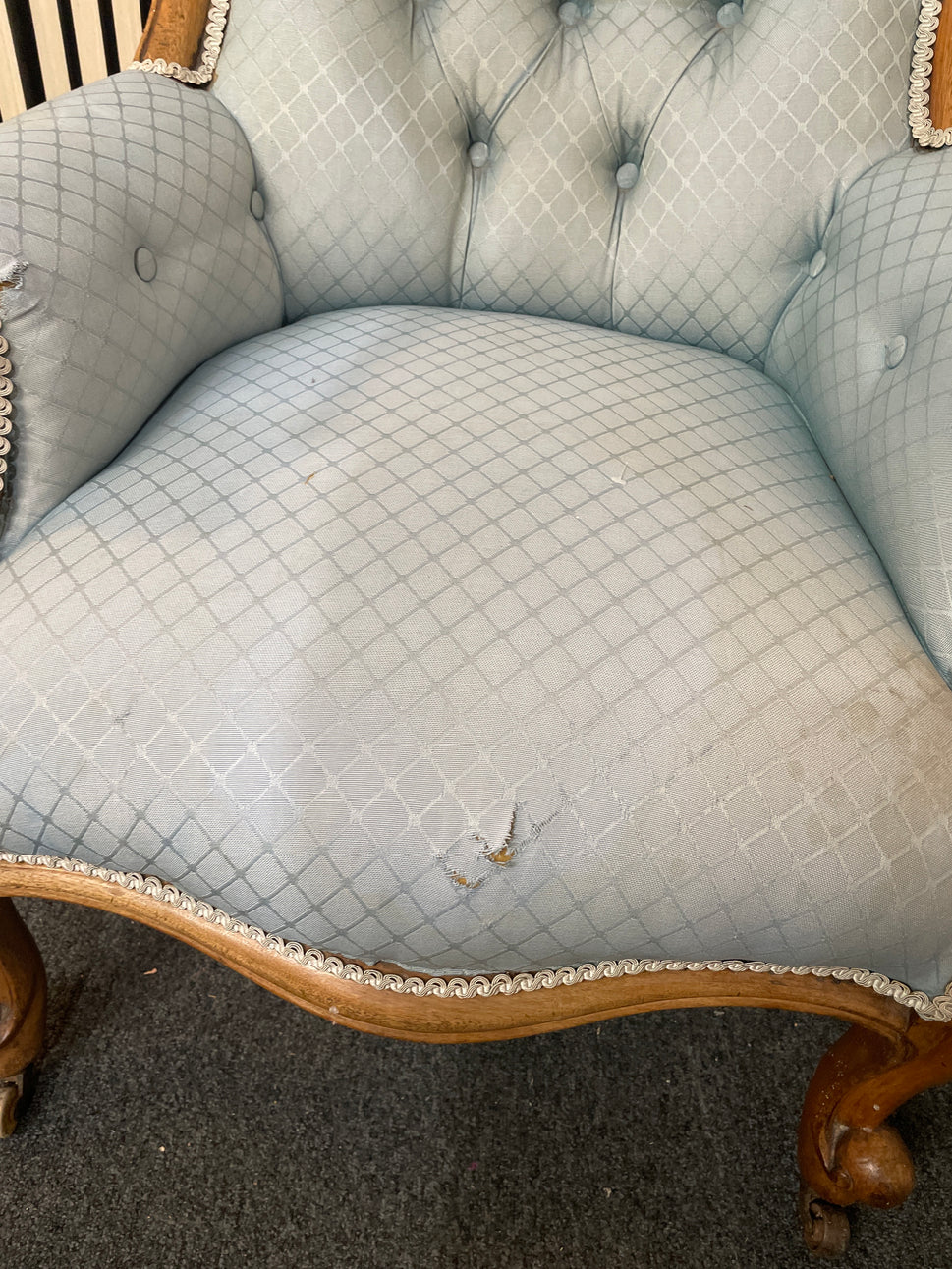 Antique ornate solid dark wood framed spoon back armchair on castors with pastel green fabric (upcycle project) 2425