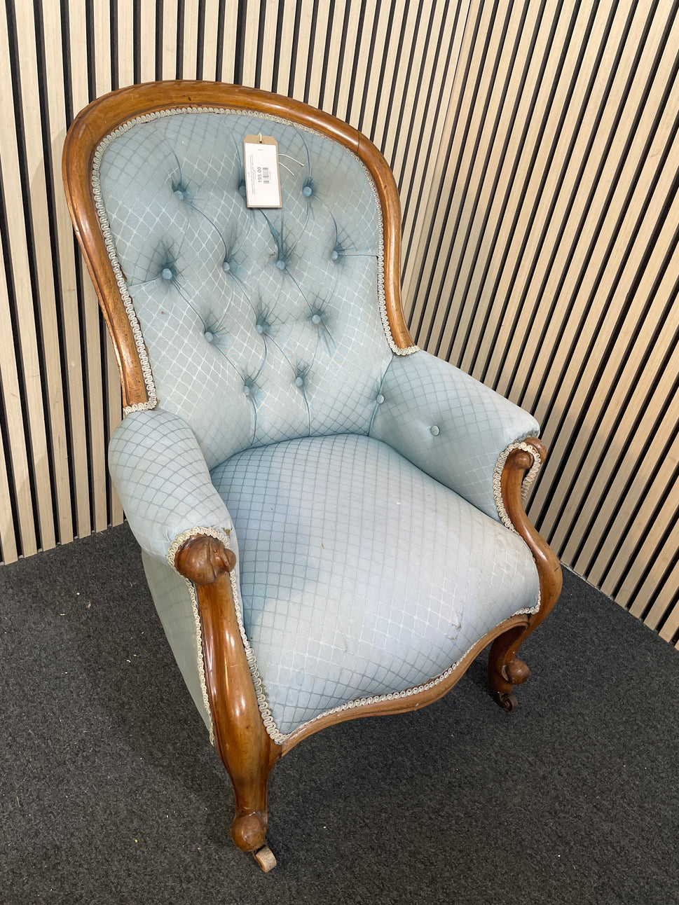 Antique ornate solid dark wood framed spoon back armchair on castors with pastel green fabric (upcycle project) 2425