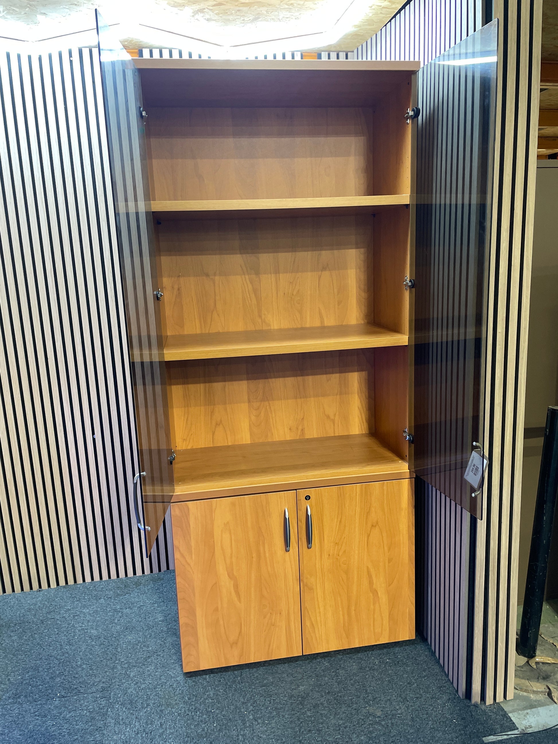 Tall 2 door smoked glass top section display unit with cherry base doors and carcass 90Wx45Dx210H