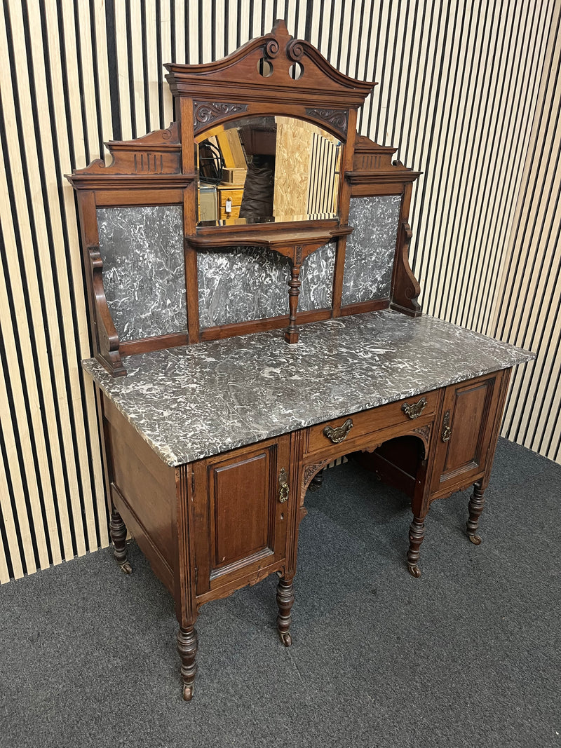 Victorian style wood washstand with marble top and mirror splashback (H 165 x W 123 x D 61 cm) 44570