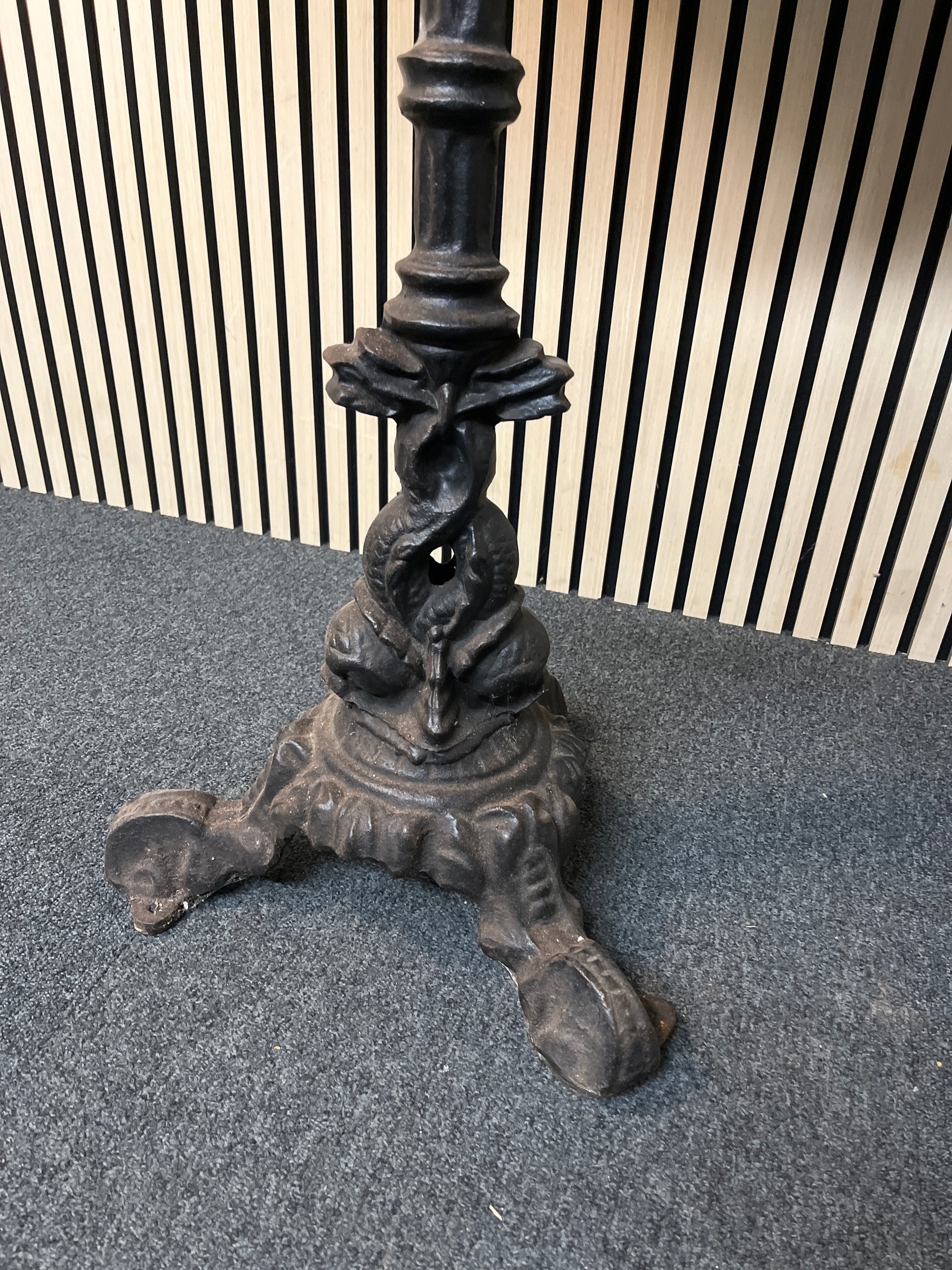 Tall ornate orignal cast iron 3 stem table base with wooden top 77Wx104H 1425