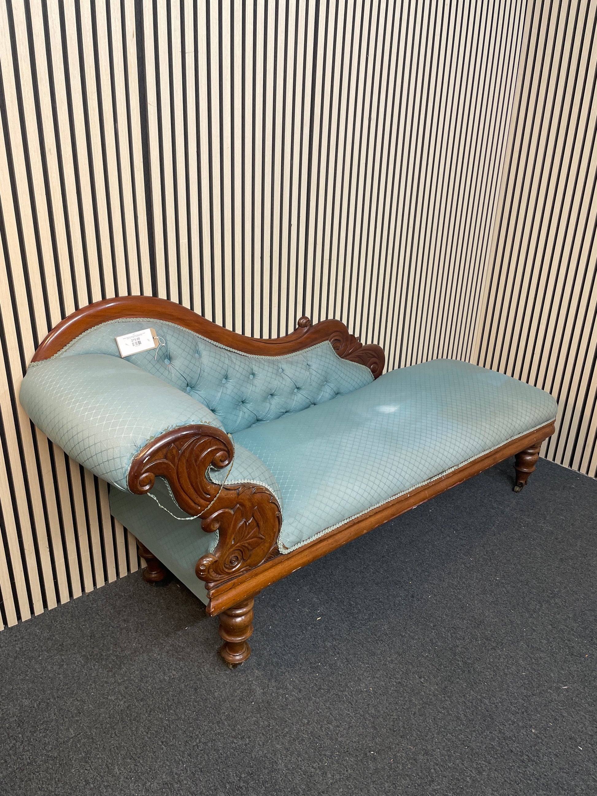 Ornate solid dark wood stained chaise lounge in green pastel fabric, ideal for upholstery 2425