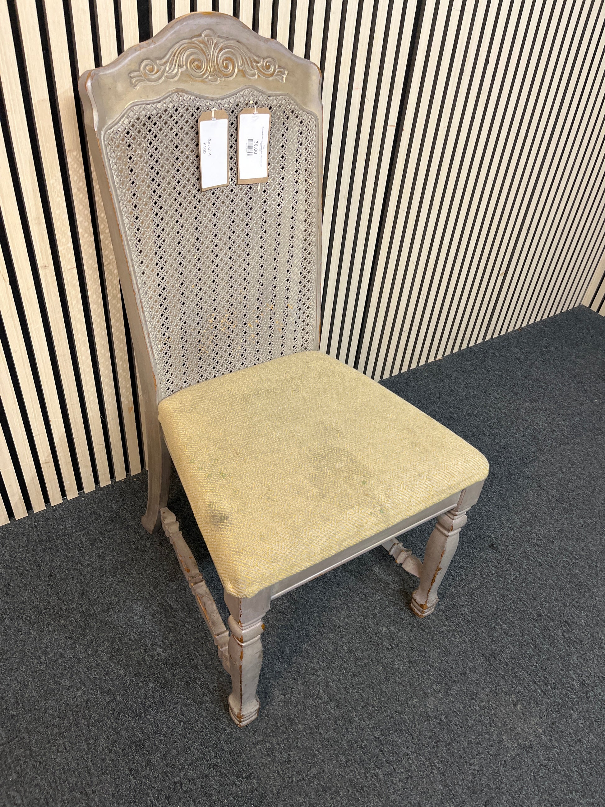 Solid wood rattan back dining chair with cream seat fabric 1126