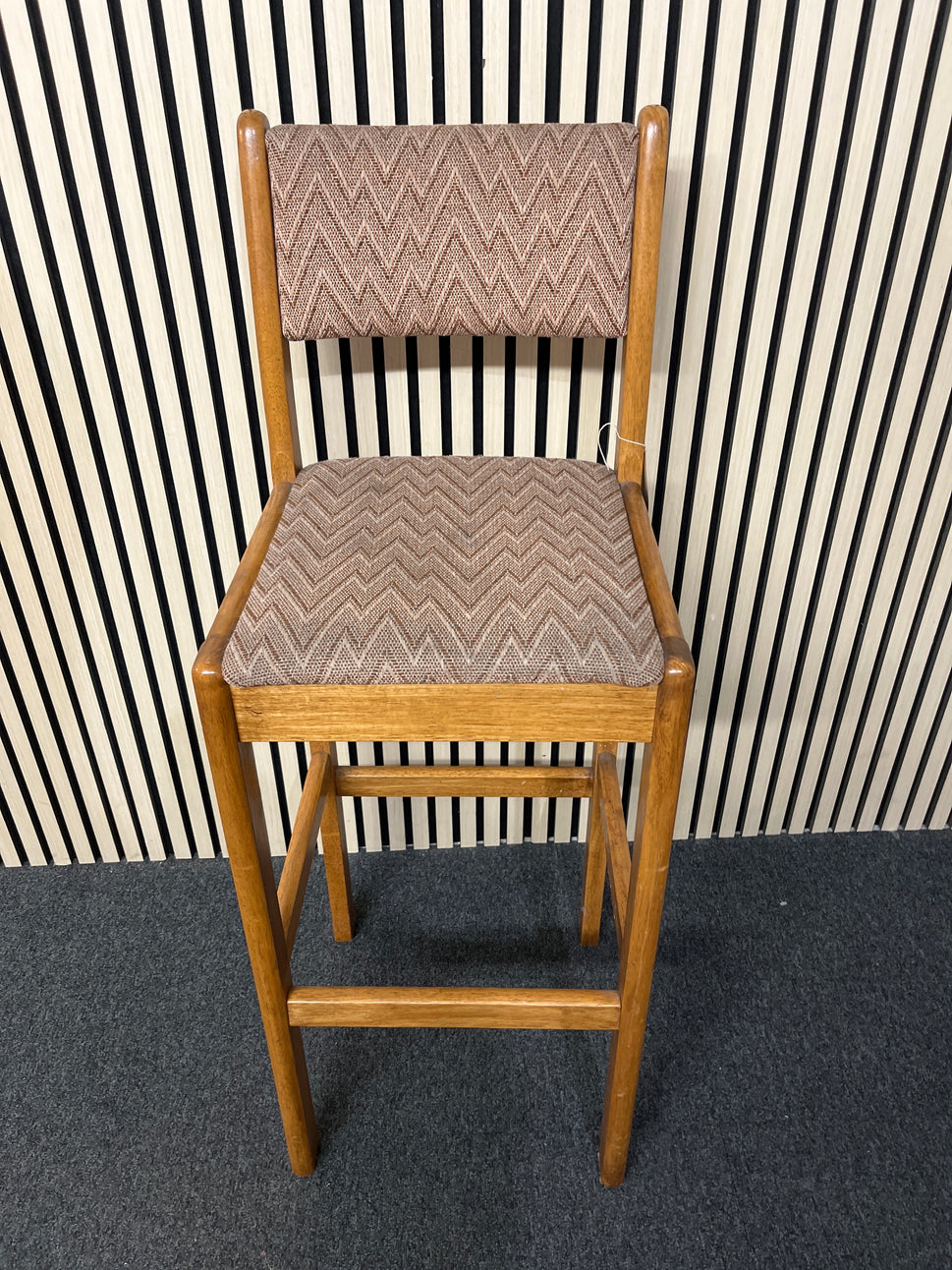 Solid stained rubberwood high back bar stool with brown mix fabric seat cushion