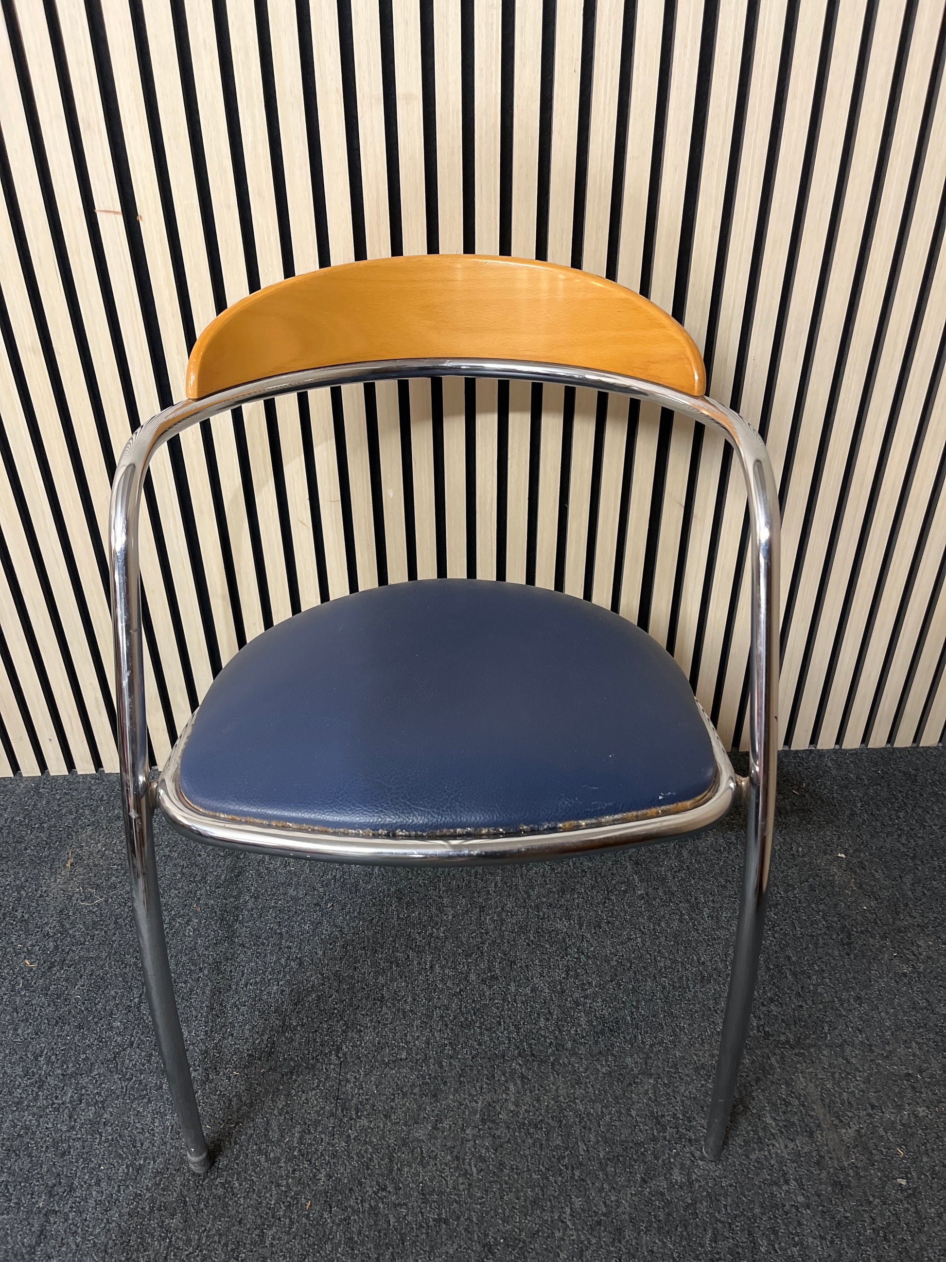 Chrome framed, beech curved back, navy vinyl seat fabric stacking chair 1425