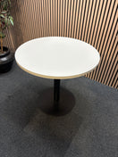 Monza circular dining table with flat black round base and white 800mm diameter table top