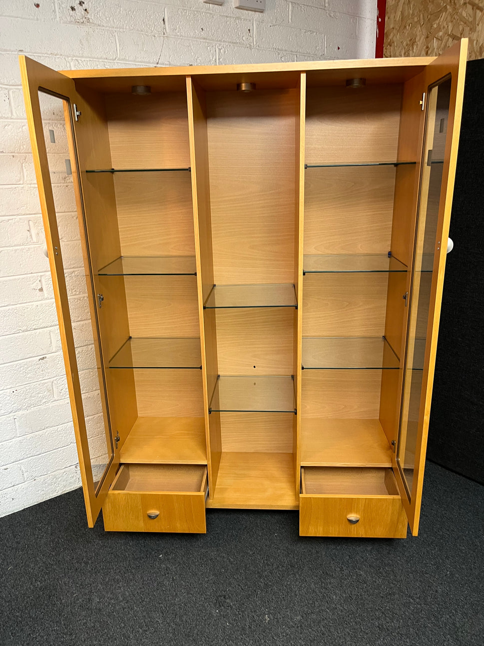 Tall beech 2 glass door 2 drawer display unit with lights (H 176 x W 120 x D 40 cm) 2225