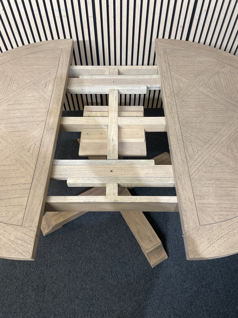 Limed oak circular extendable dining table with coloumn base (diameter 120 cm + 45 cm extension) 44800