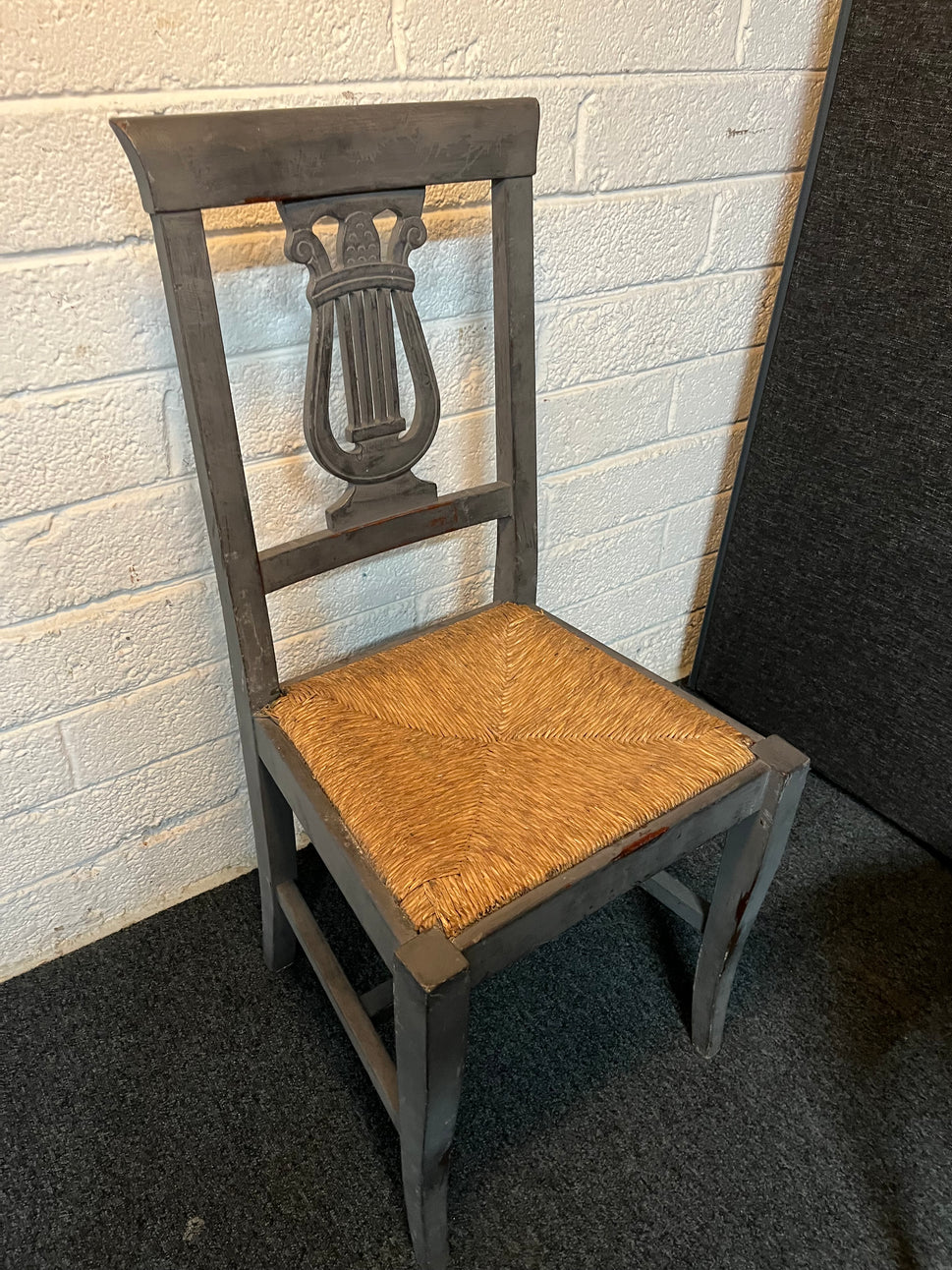 Grey painted ornate dining chair with rattan seat. 6 matching in stock. Can be sold as a set or individually 3225