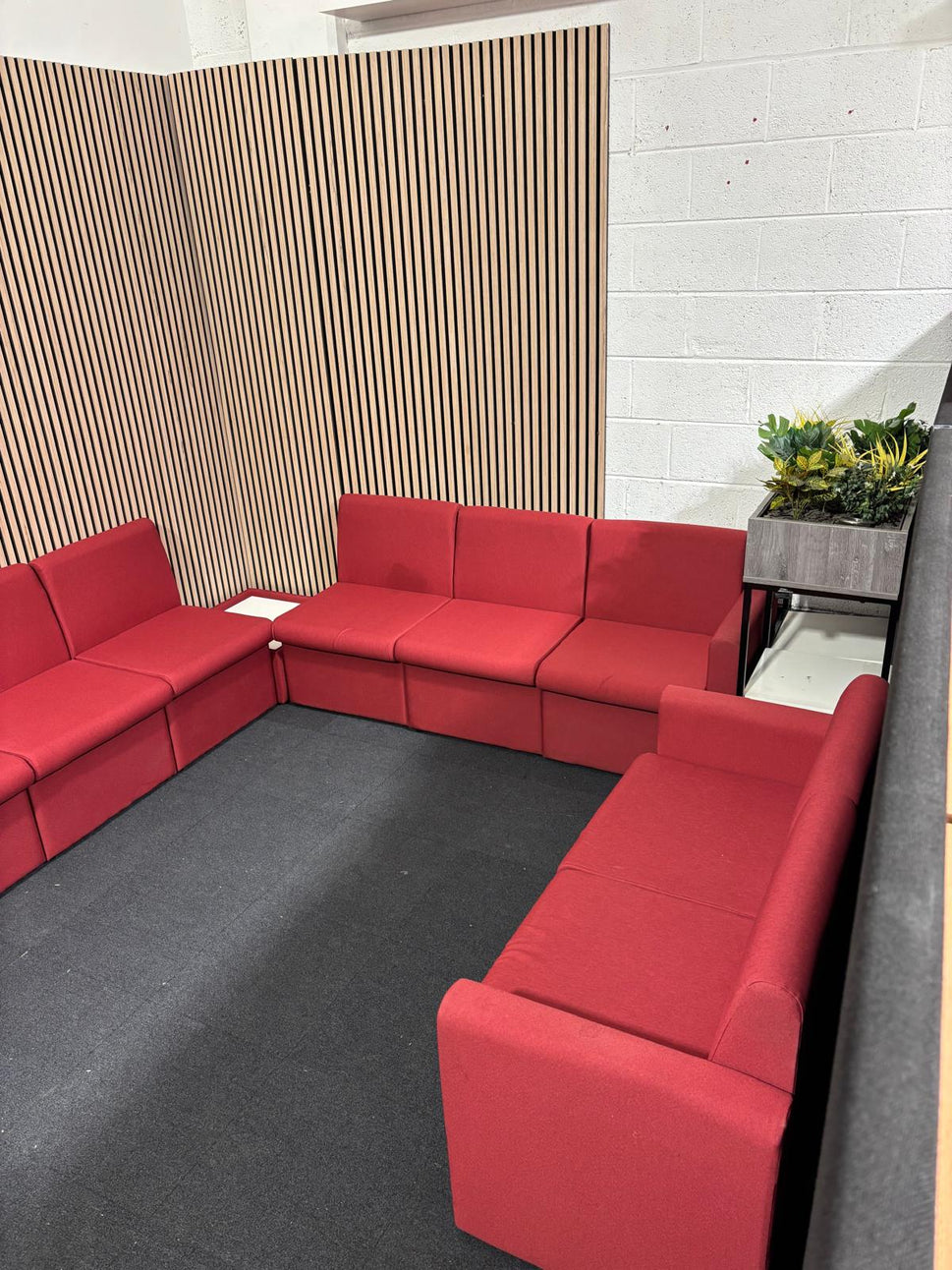 Una modular soft seating L shape sofa + 2 seater with matching coffee table in soft red fabric
