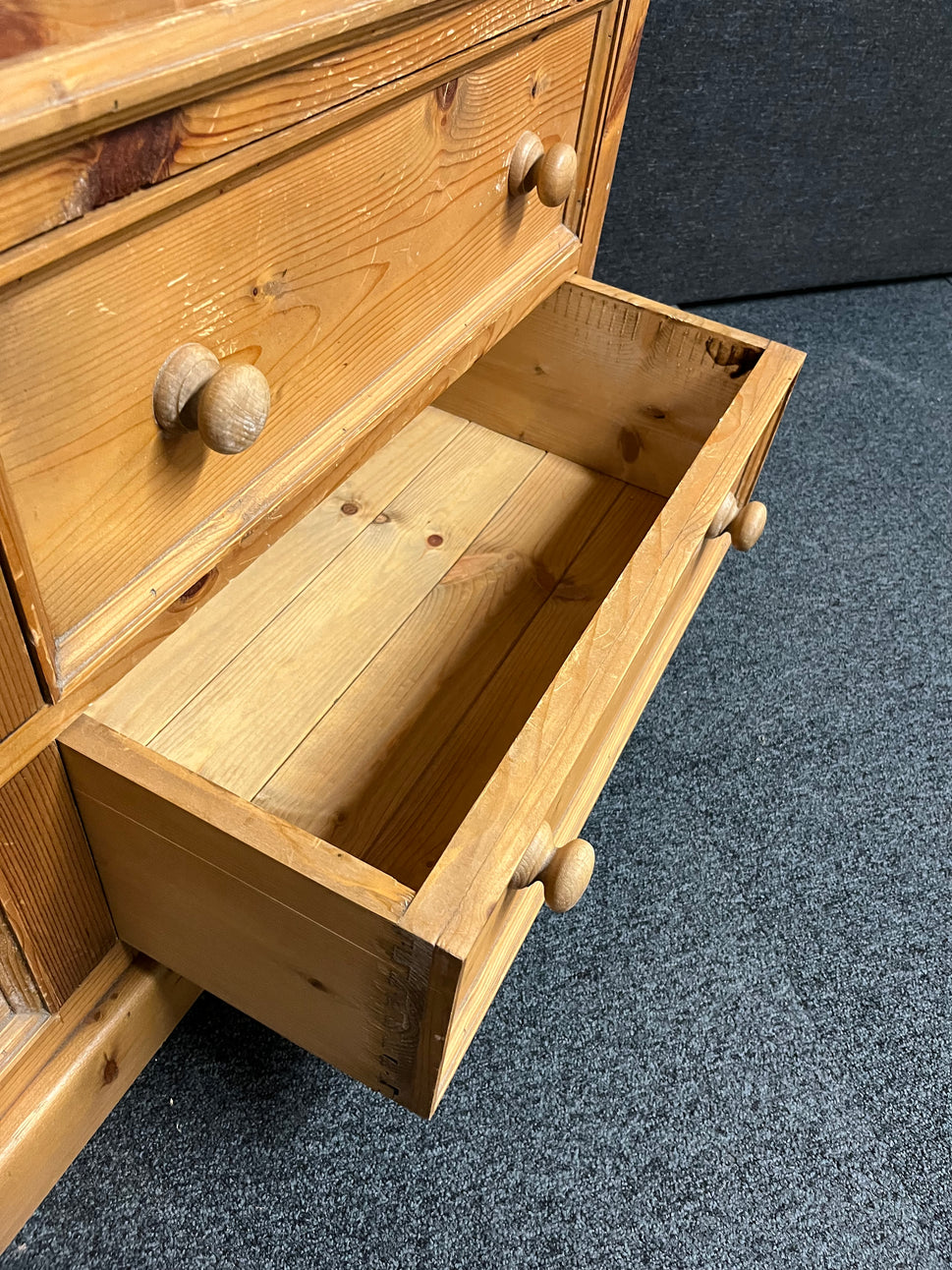 Solid tall pitch pine 3 door 4 drawer wardrobe with ornate pelmet (1480Wx2050Hx630D mm) 1225
