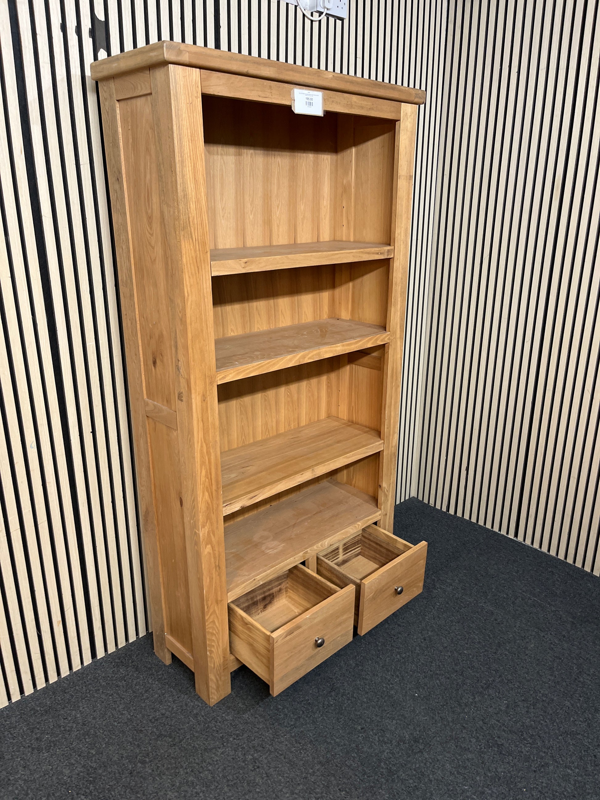 Tall oak 2 drawer top open bookcase with shelves (H 185 x W 95 x D 35 cm) 3126