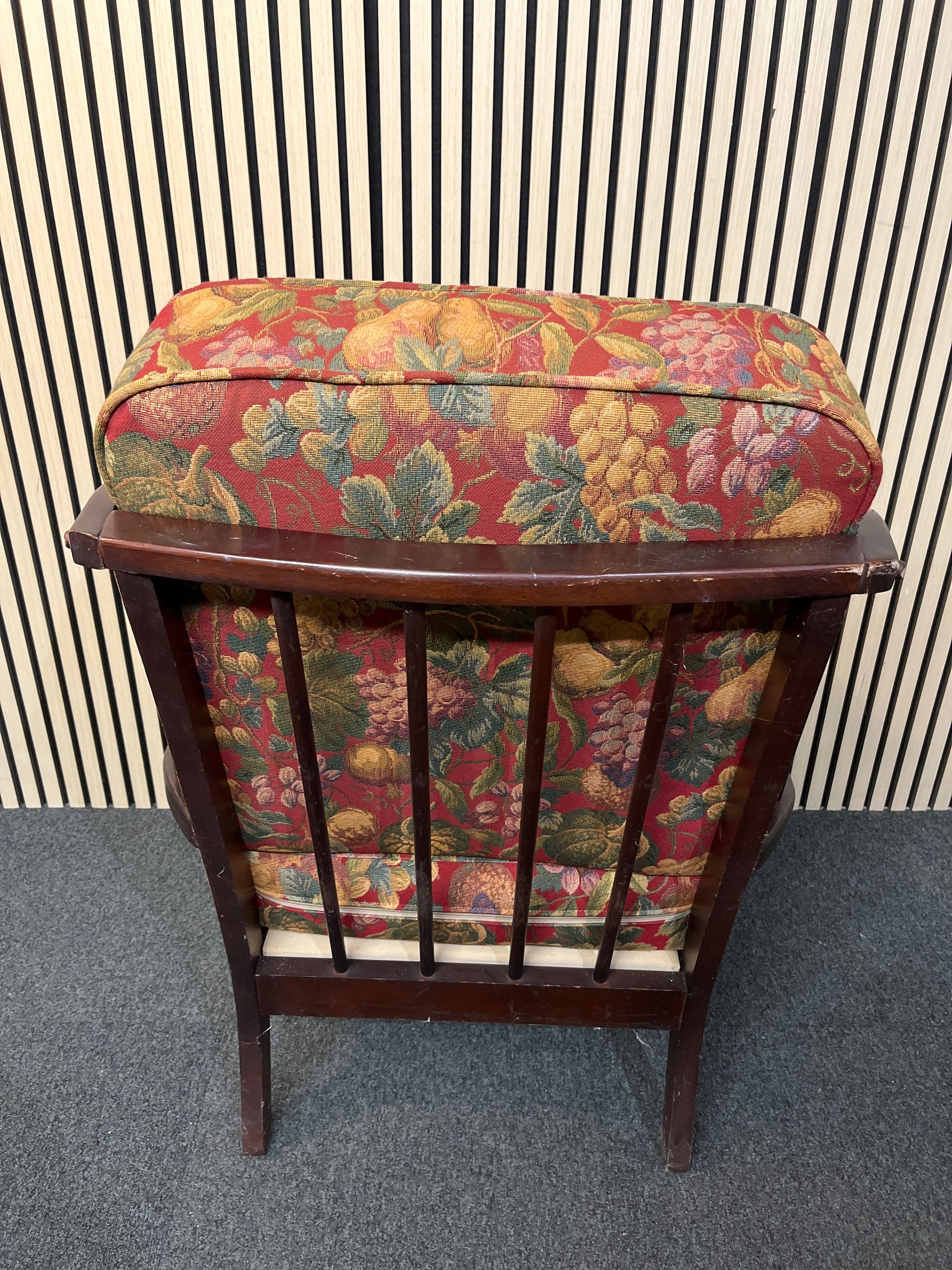 Dark wood stained fireside armchair with floral tapestry cushion 3325