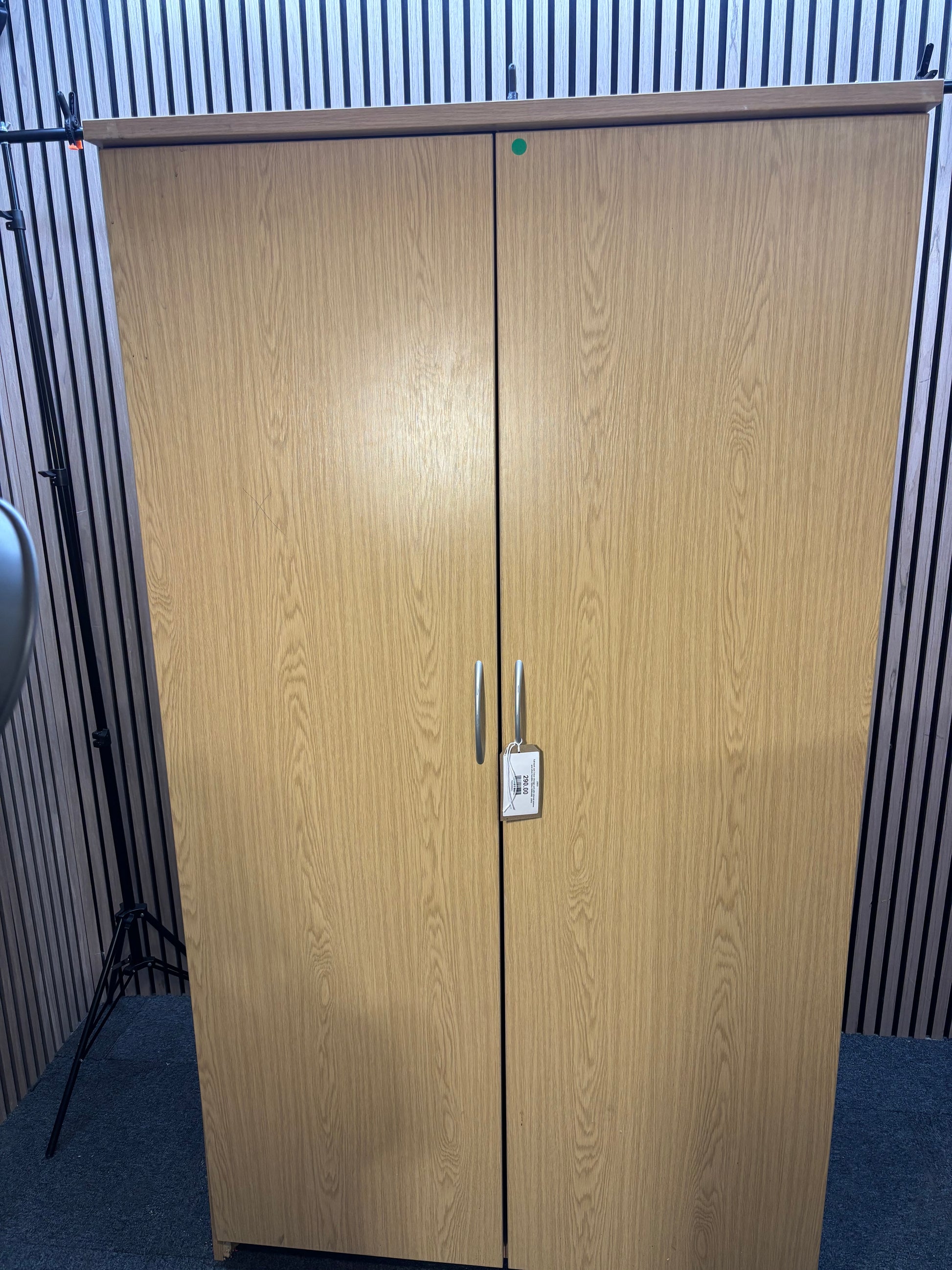 Tall dark oak 2 door storage unit with internal shelves and silver handles 189Hx106Wx60D J3933