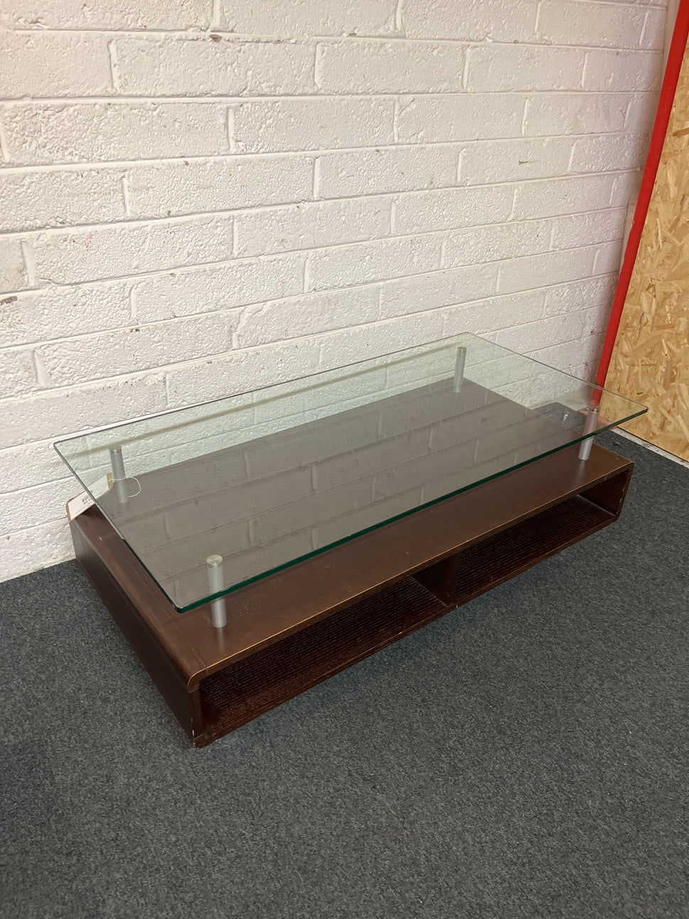 Modern dark wood laminate coffee table with glass top 1325