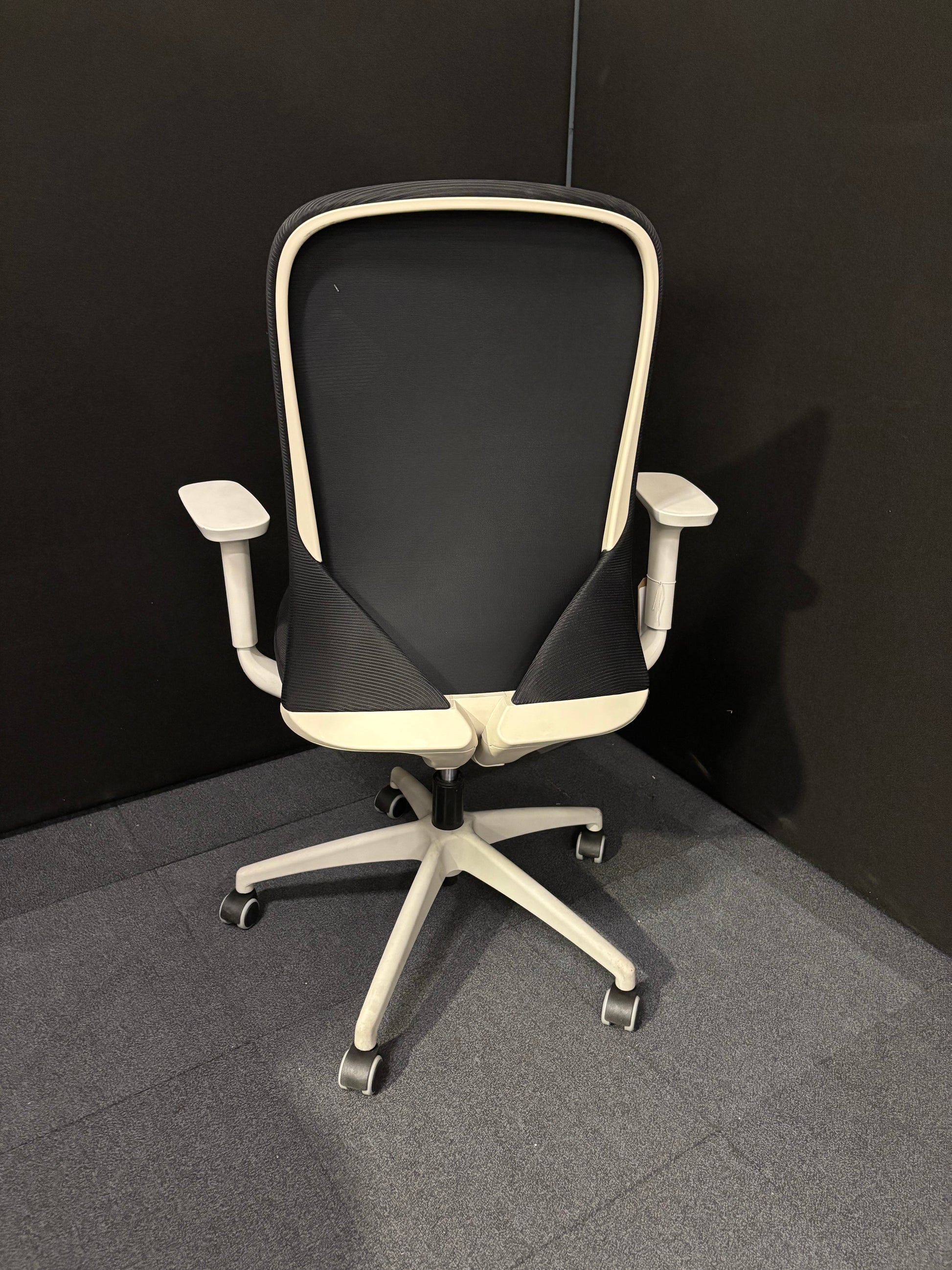 Sway black mesh back adjustable operator chair with black fabric seat, grey frame and base