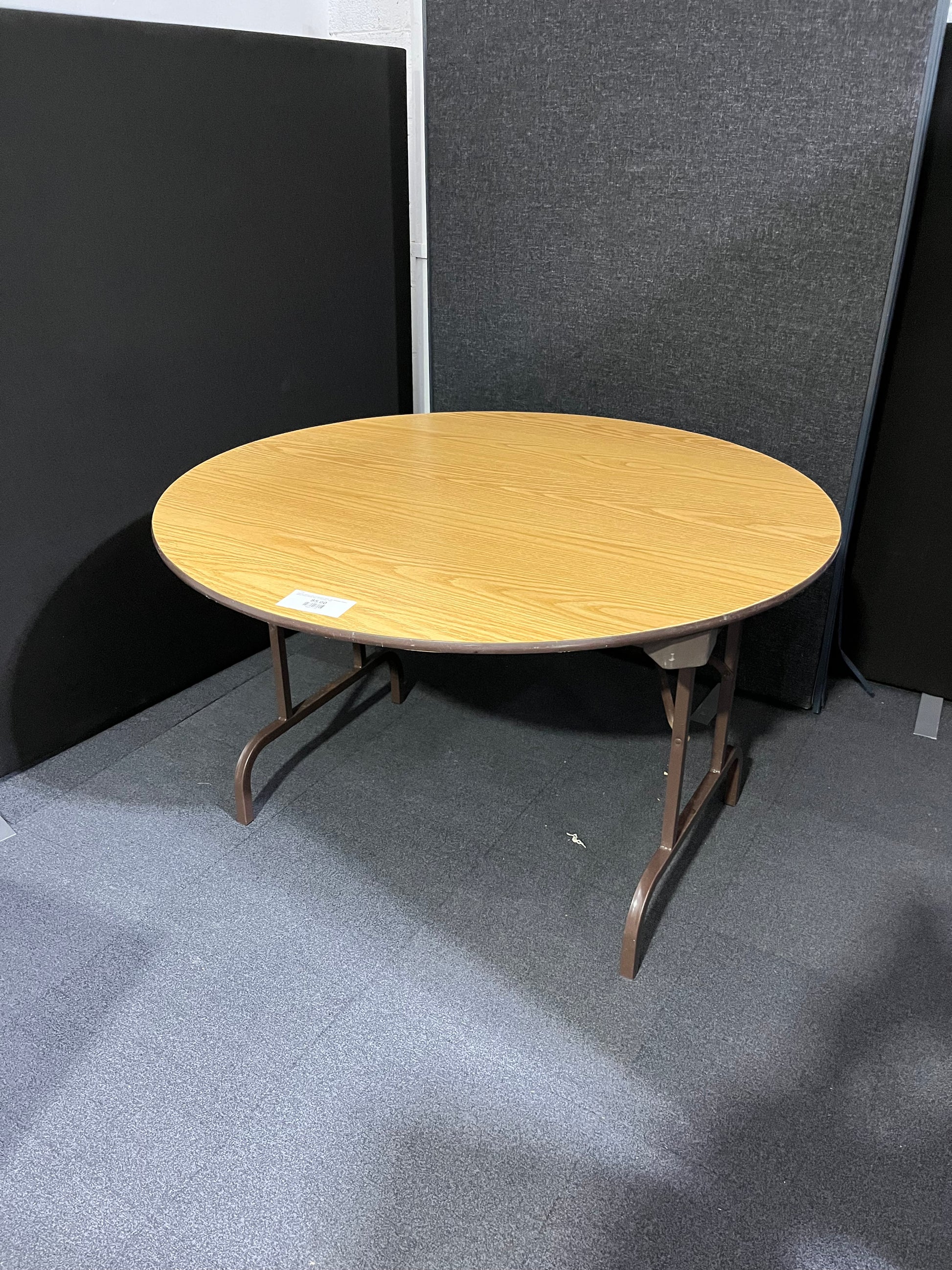 Circular folding table conference table, oak laminate, brown colour metal folding legs 4ft diameter 1425