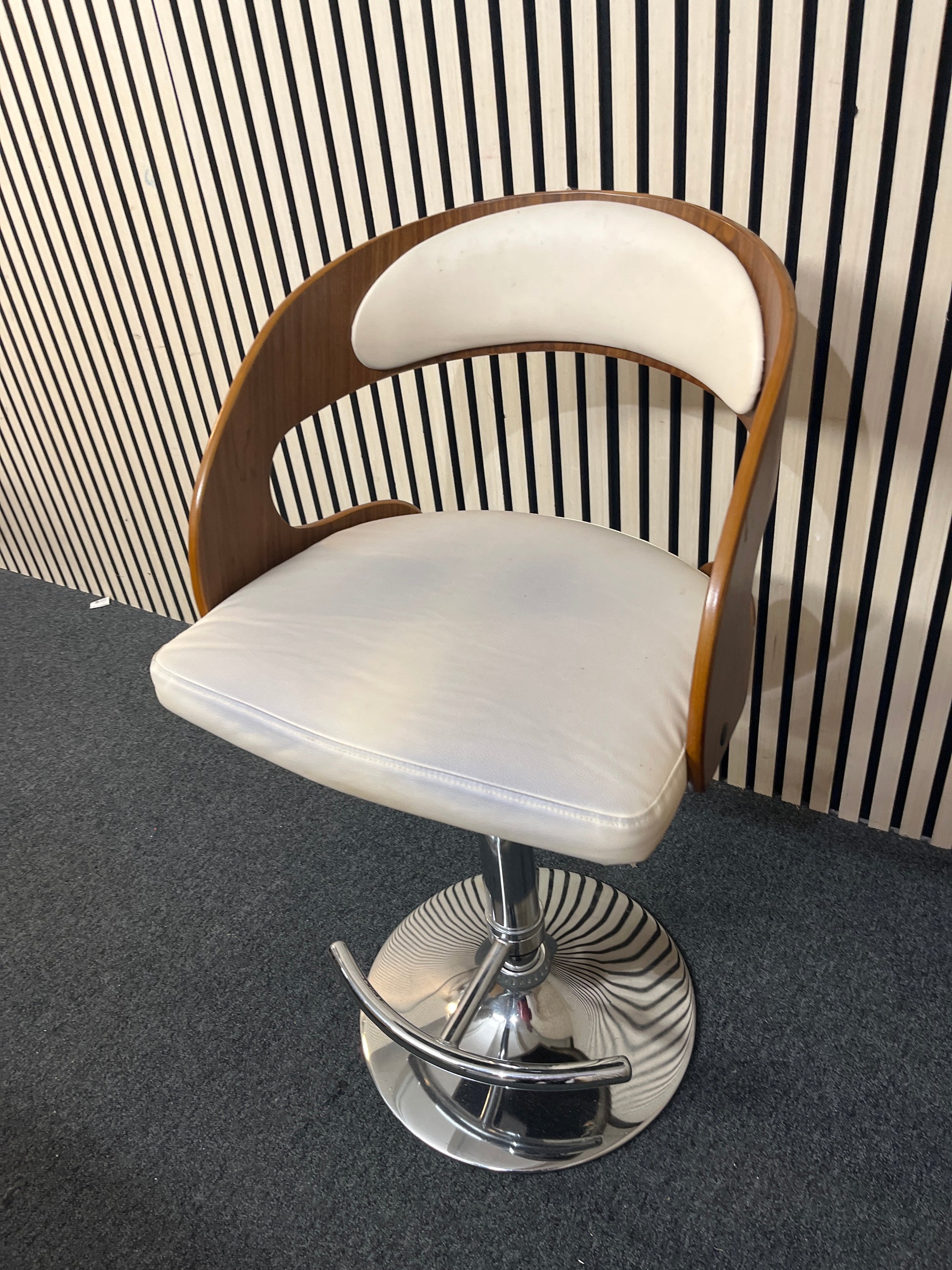 walnut curved back, chrome framed tall swivel bar stools 1226