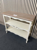Shabby chic side table with wood top and carved details. 44516