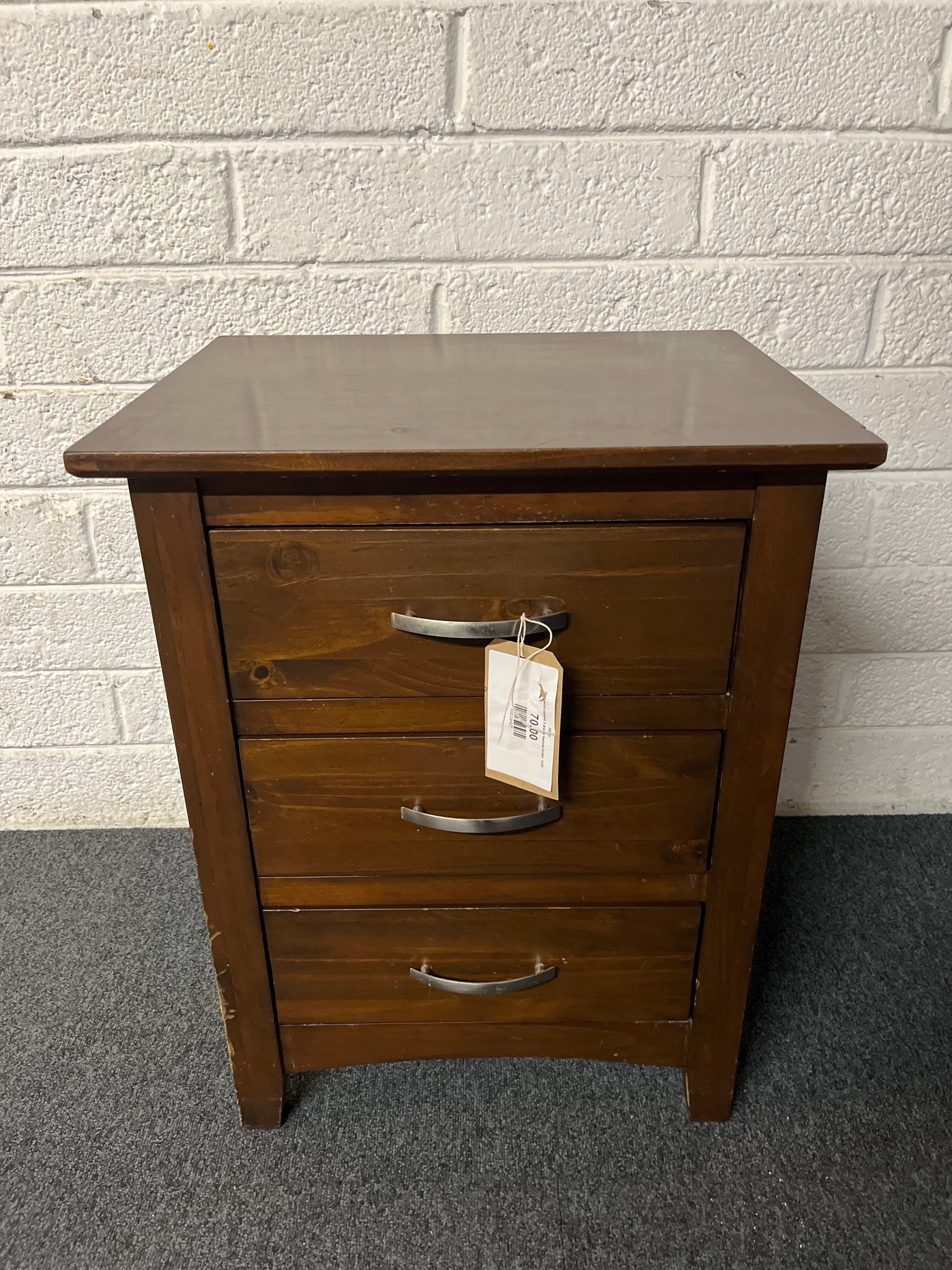 Dark wood stained 3 drawer bedside locker 1225