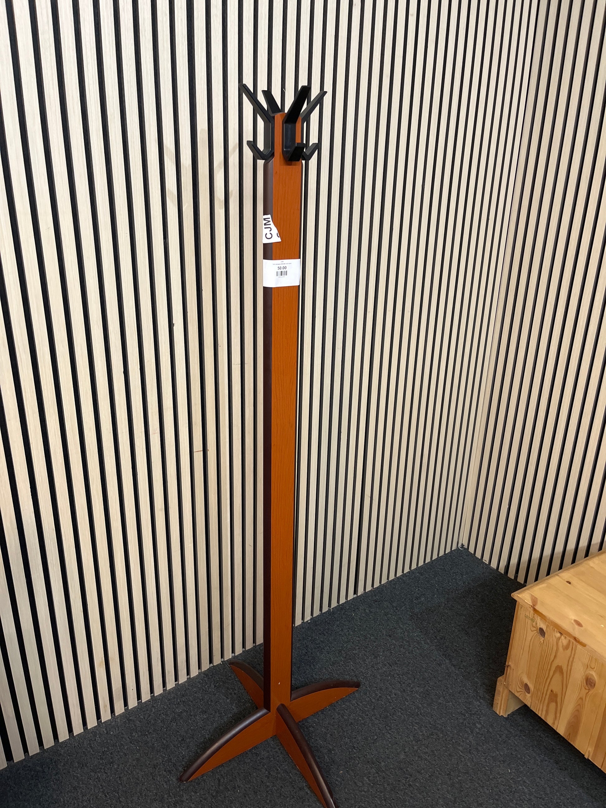 Tall mahogany laminate coat stand