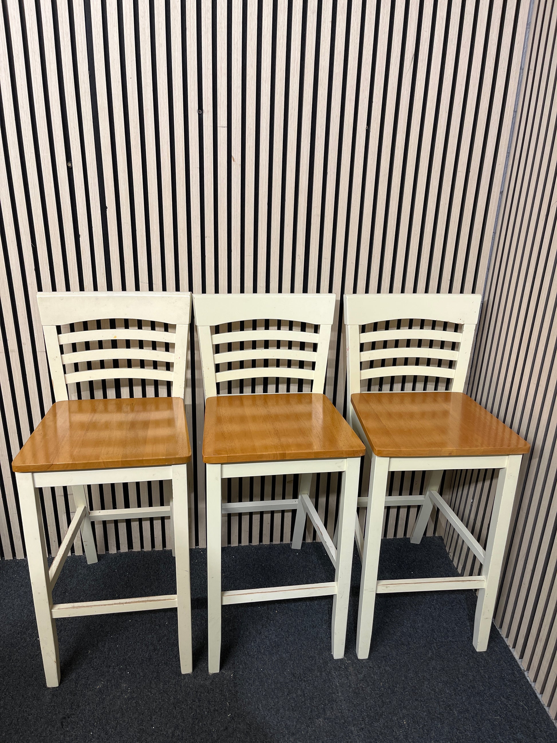 Set of 3 no. Tall solid wood cream painted, natural wood seat bar stool with slatted back 43578