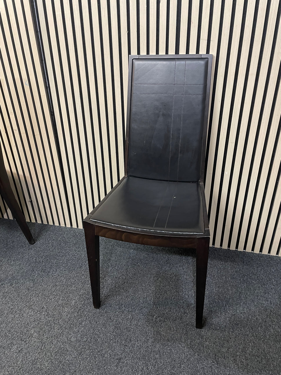 black leatherette dining chair with dark wood frame 2425
