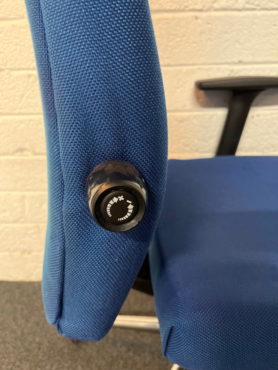 Secondhand High back, dark blue fabric swivel chair, heavy duty with polished chrome base and height adjustable arms and back tensioner . PRICE INC VAT, 20+ IN STOCK