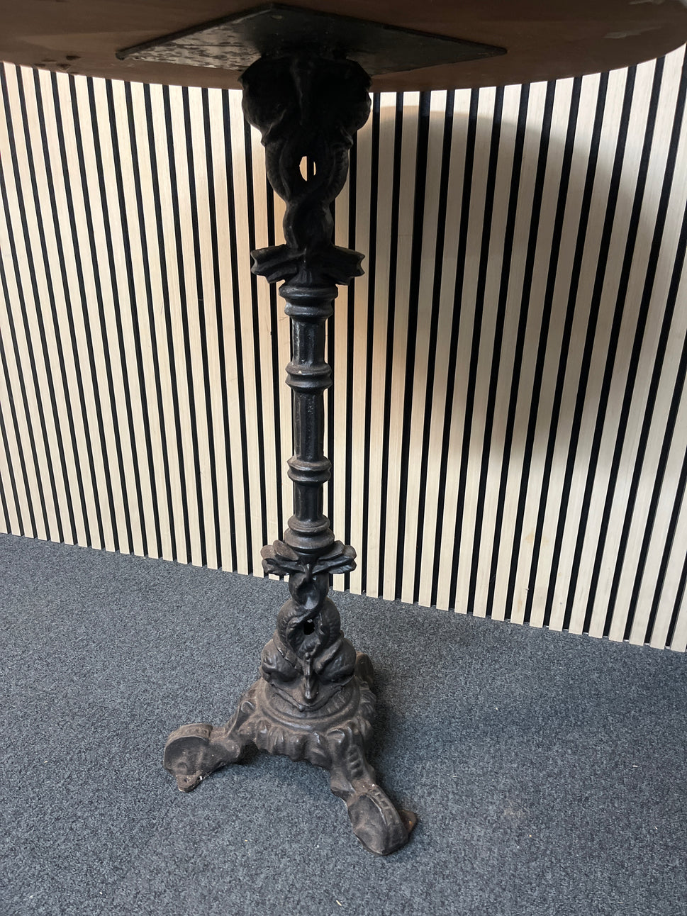 Tall ornate orignal cast iron 3 stem table base with wooden top 77Wx104H 1425
