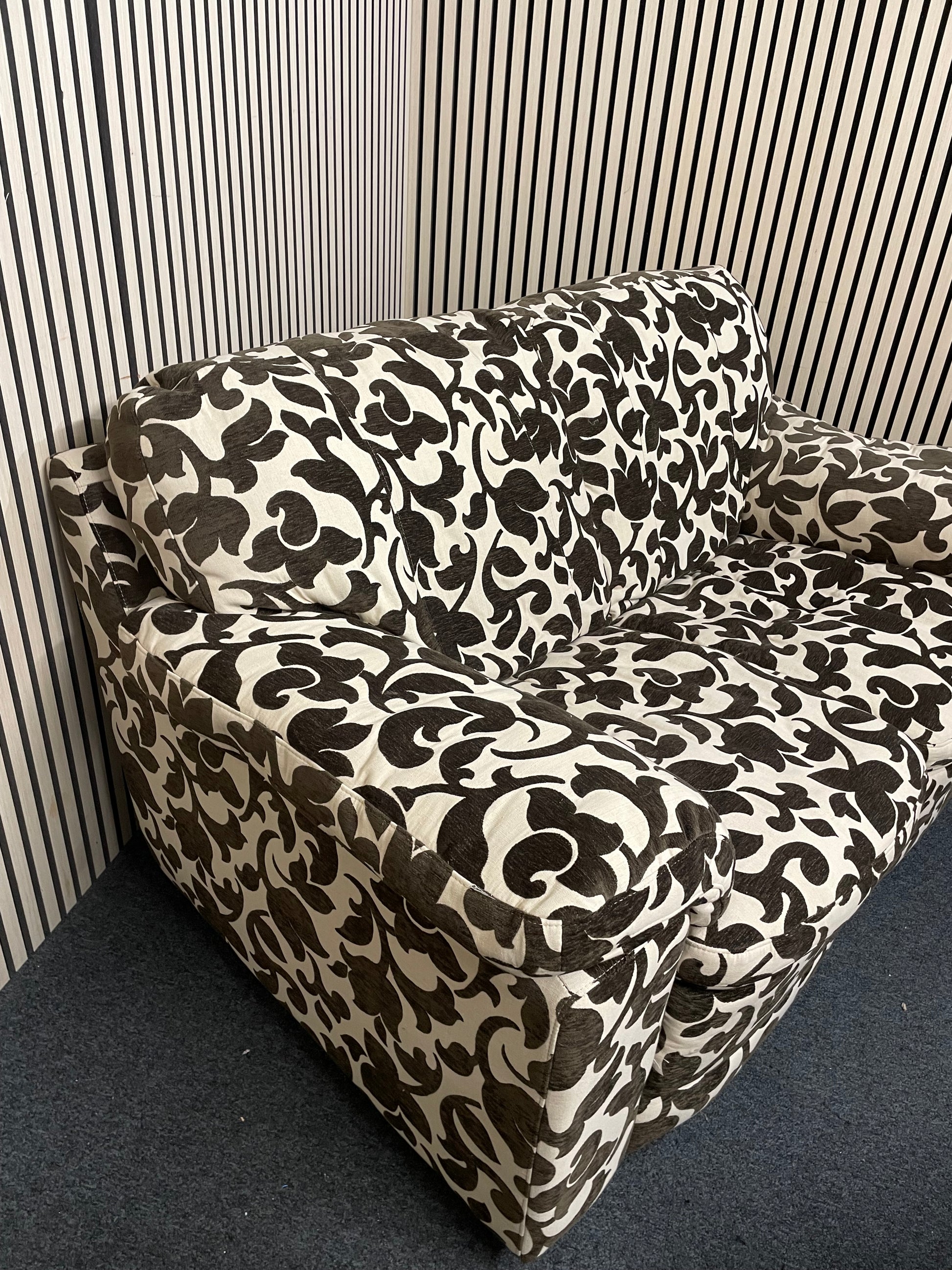 2 seater brown and cream floral fabric sofa (Width 160 cm) with matching armchair and ottomons 4225