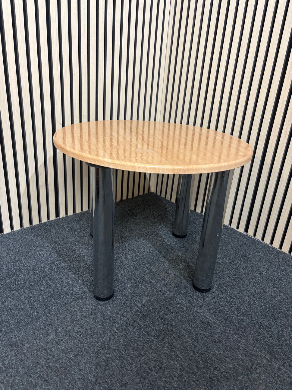 LIQUIDATED beech laminate coffee table with chrome screw in legs for easy storage